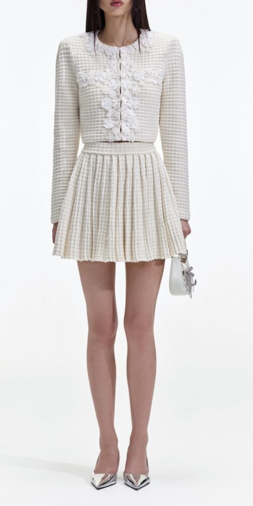 CREAM KNIT FLORAL TRIM CARDIGAN