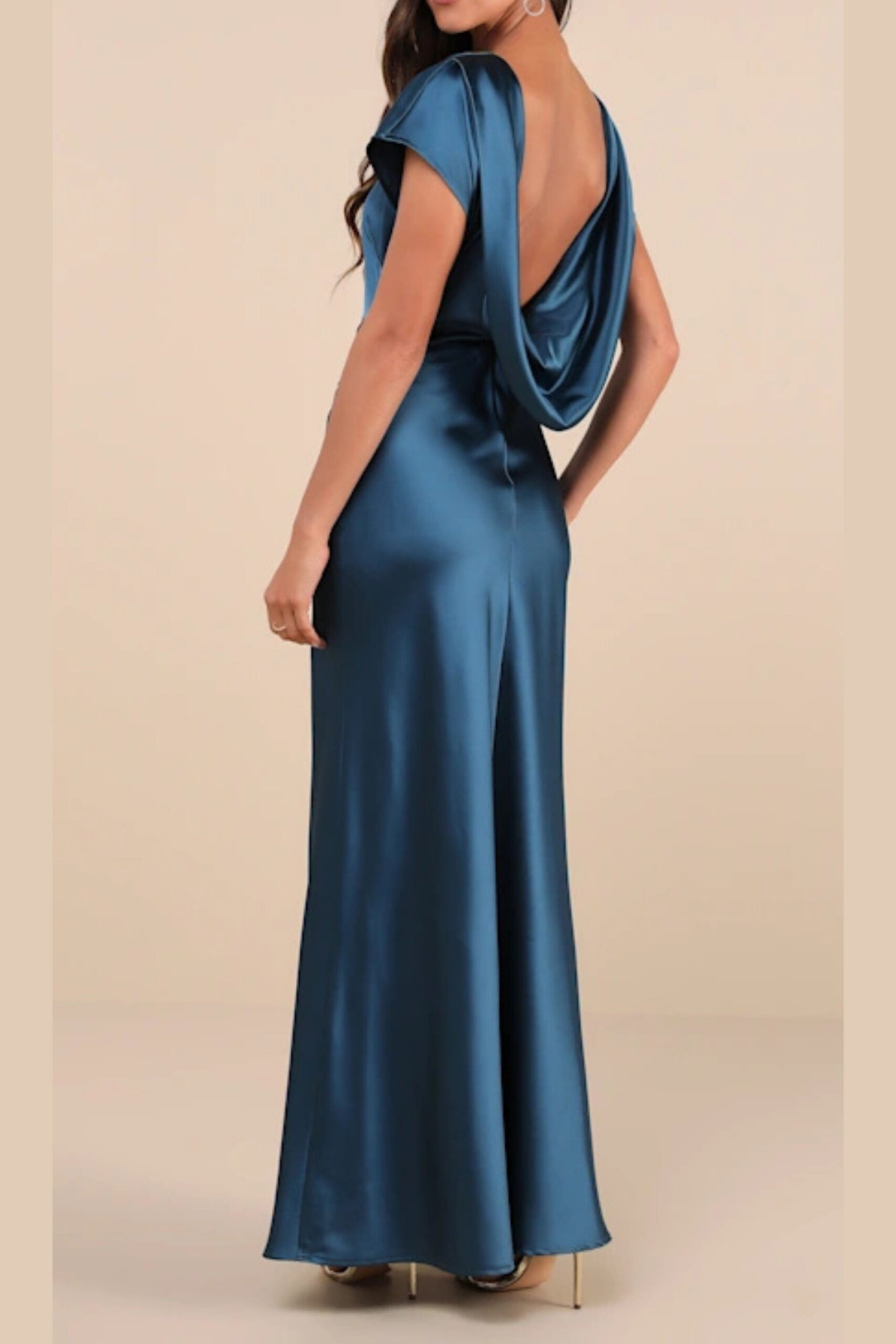 SATIN COWL BACK MAXI DRESS, DARK TEAL EVENING
