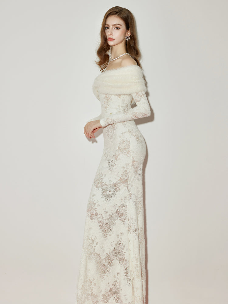 JULIA OFF-SHOULDER FUR COLLAR LACE WHITE MAXI DRESS
