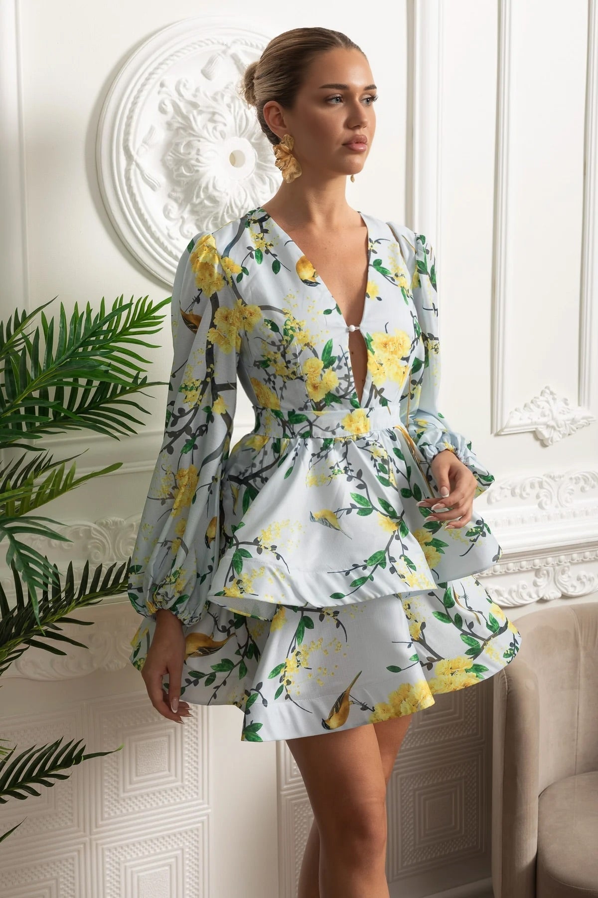 FLORAL ROMANTIC MINI DRESS, VOLUMINOUS SLEEVES, SKY BLUE, WEDDING GUEST