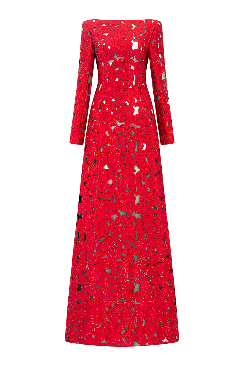 RHINESTONE BOAT NECK FLORAL LASERCUT MAXI DRESS - RED