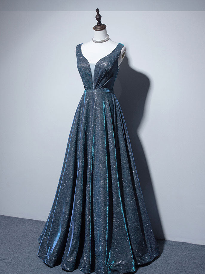 A-LINE V-NECK SATIN BLUE COCKTAIL DRESS