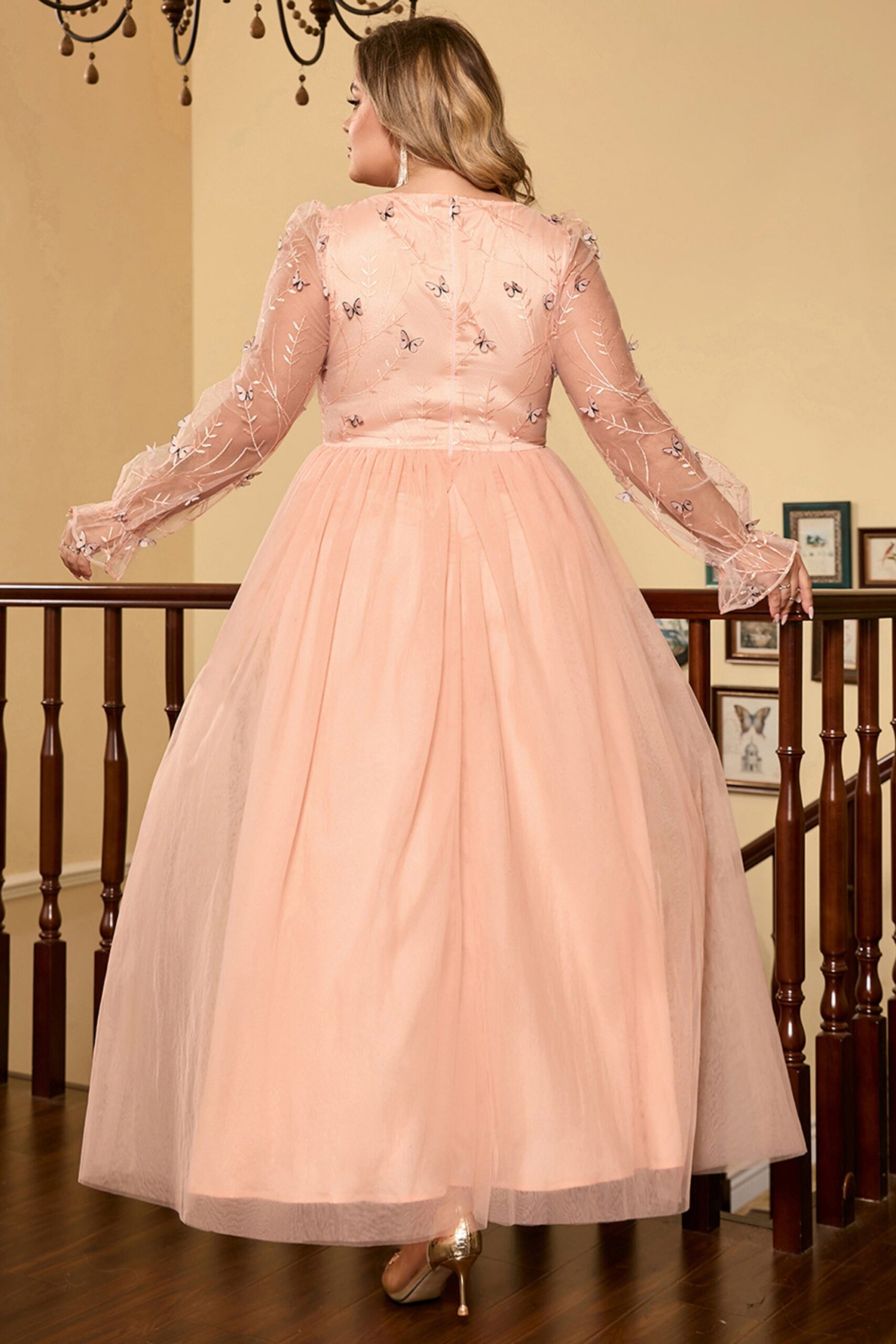 EMBROIDERED TULLE LONG SLEEVE MAXI DRESS