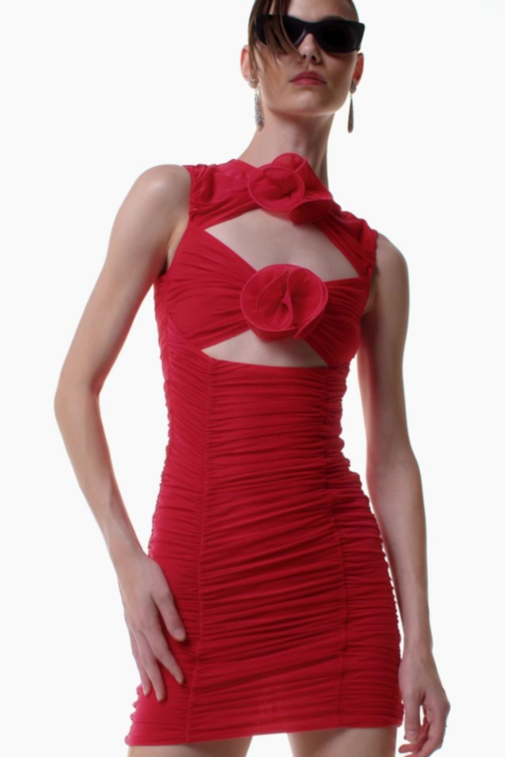 RED CUTOUT FLORAL MINI DRESS FOR PARTY