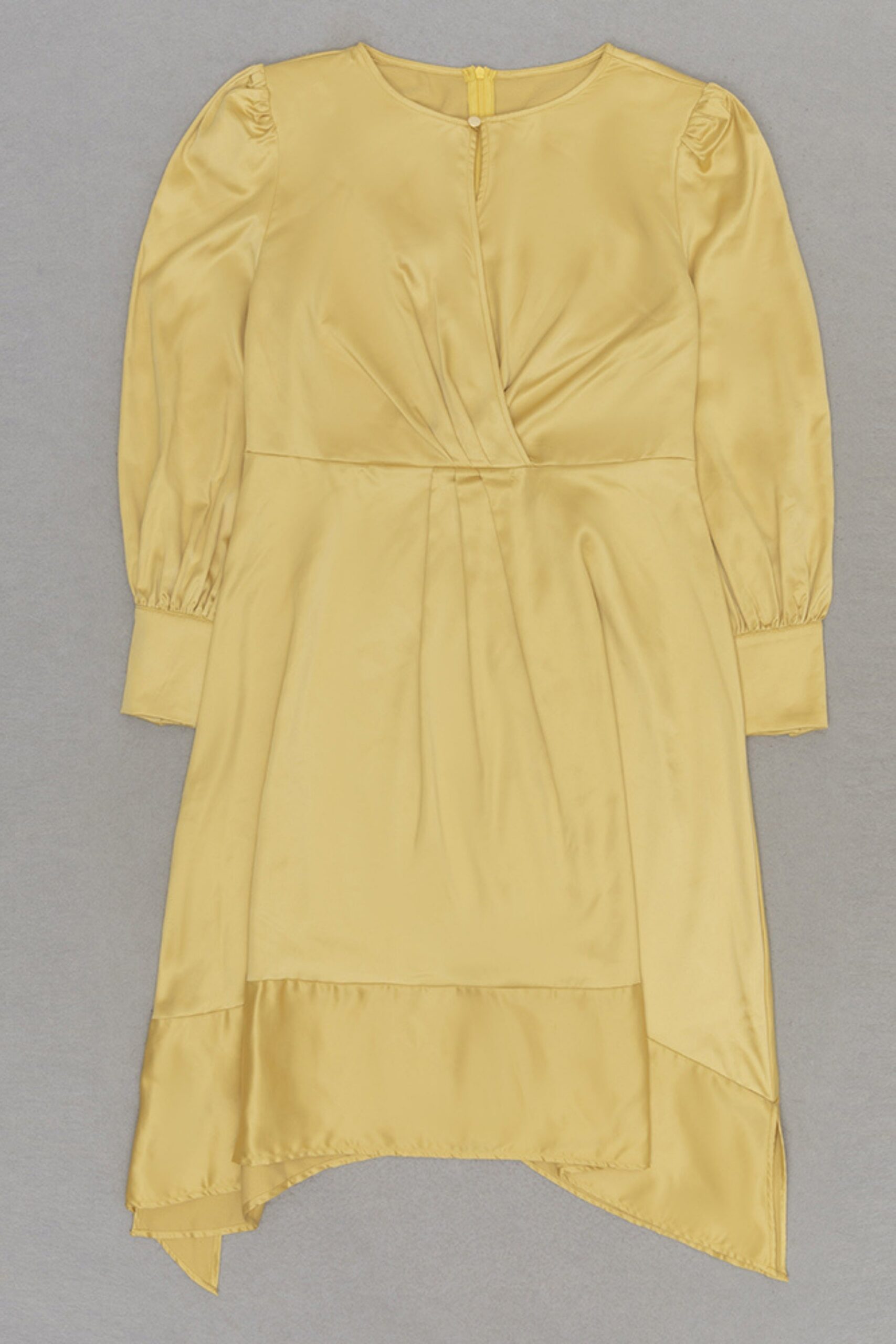 SATIN LONG SLEEVE MIDI DRESS, YELLOW, ELEGANT PARTY