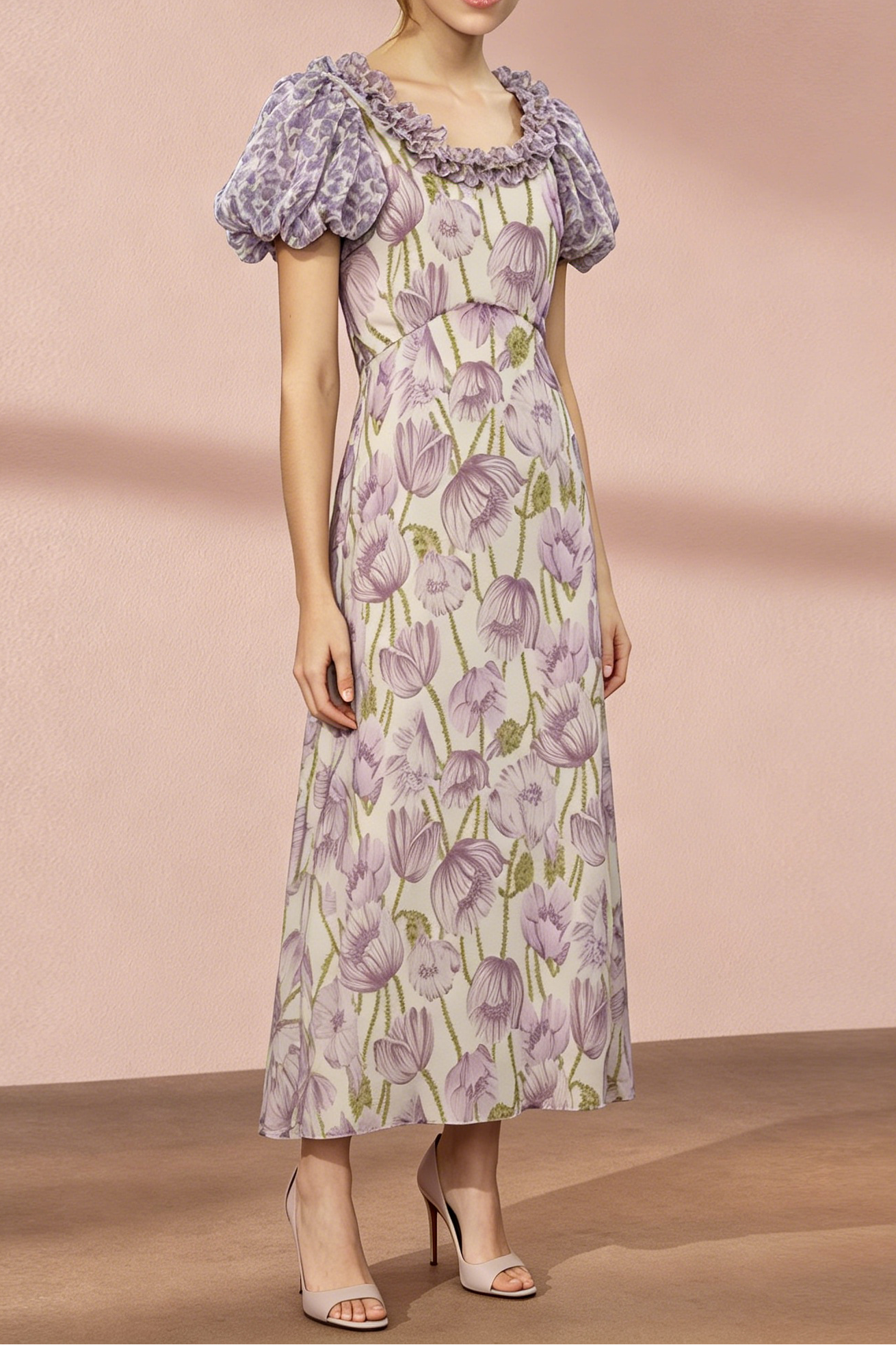 24_c14b3861-2705-45c9-9e0c-5a67e974a481 PURPLE FLORAL PUFF SLEEVE MIDI DRESS FOR WEDDING