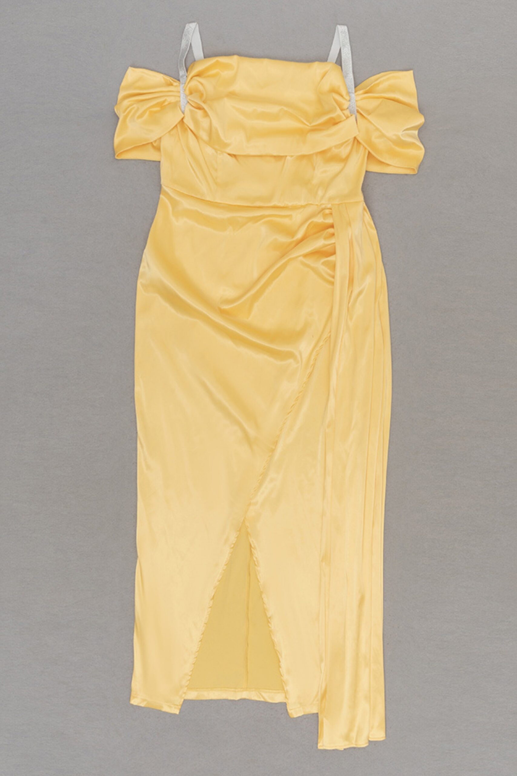 SATIN DRAPE HIGH SPLIT YELLOW MIDI DRESS