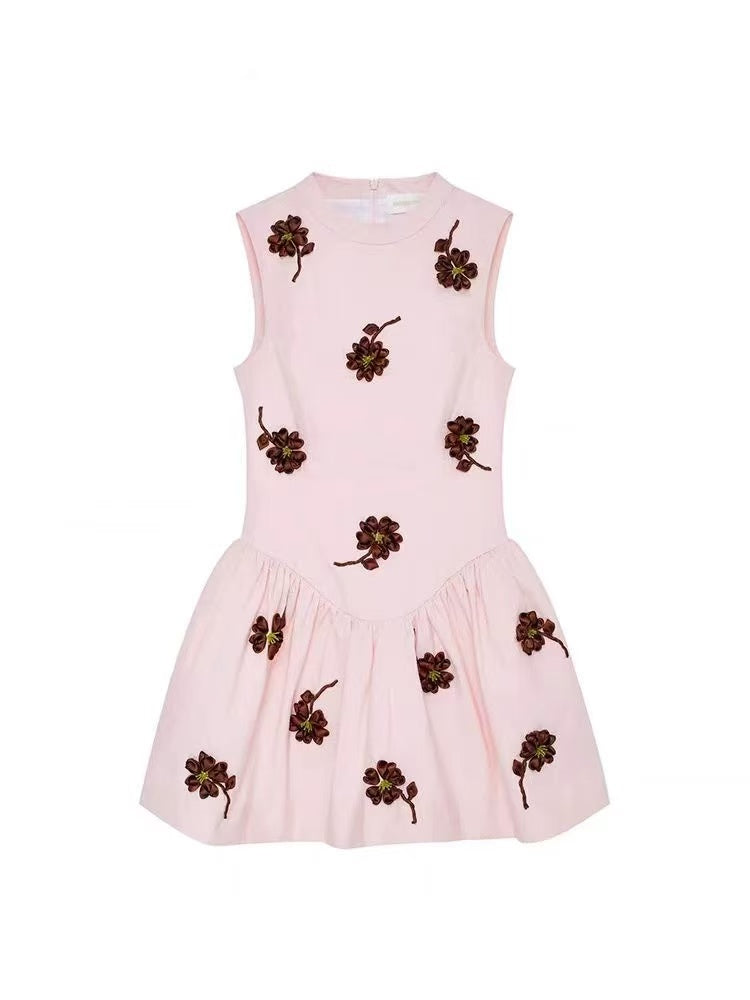 VIVIEN PUFFY MINI DRESS - PINK FLOWER EMBELLISHED PARTY