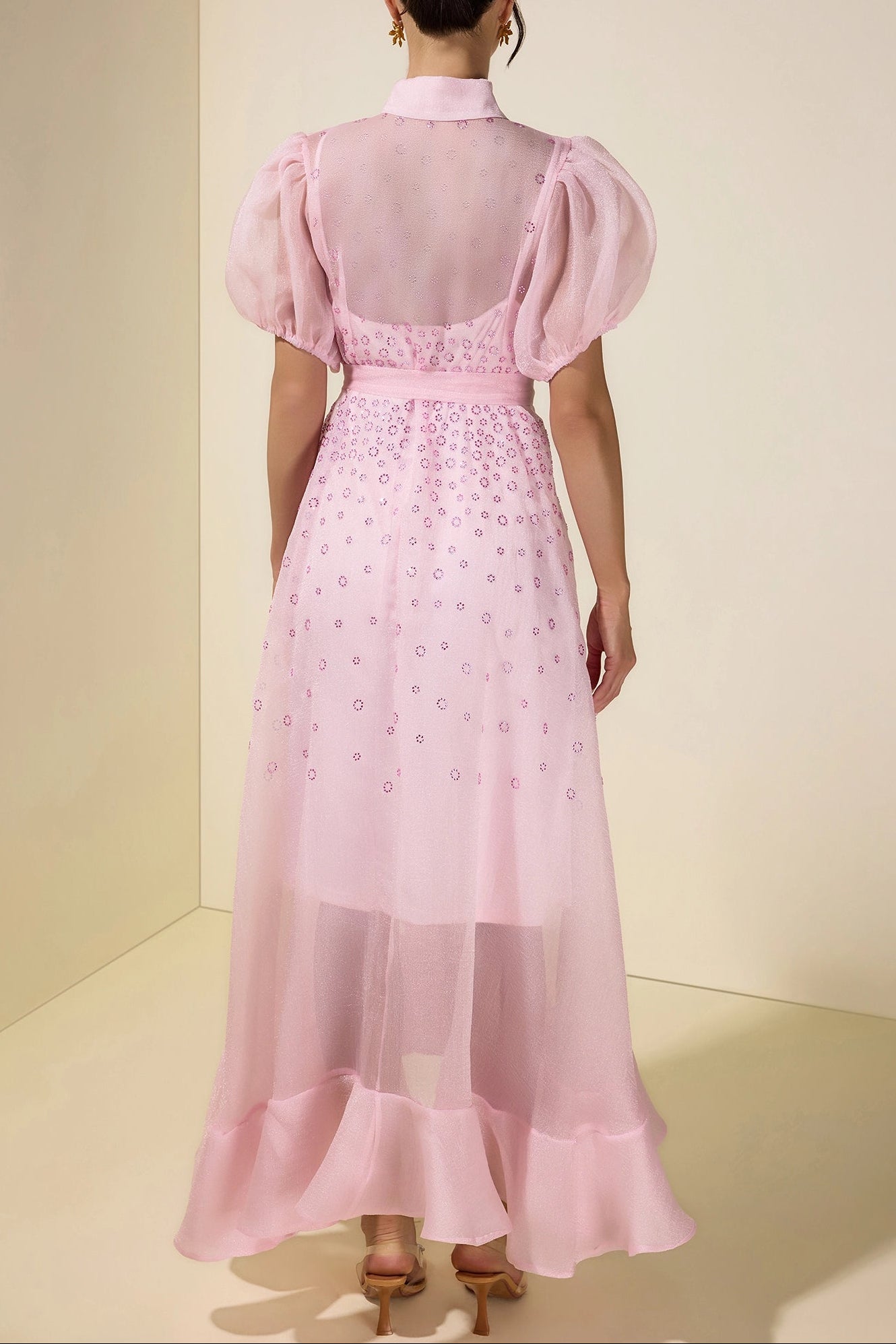 SYLVIA RHINESTONE PUFF SLEEVE MAXI DRESS - PINK