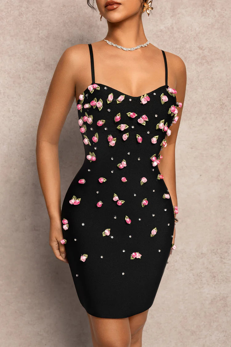 VIOLET BLACK 3D ROSE BODYCON MINI DRESS
