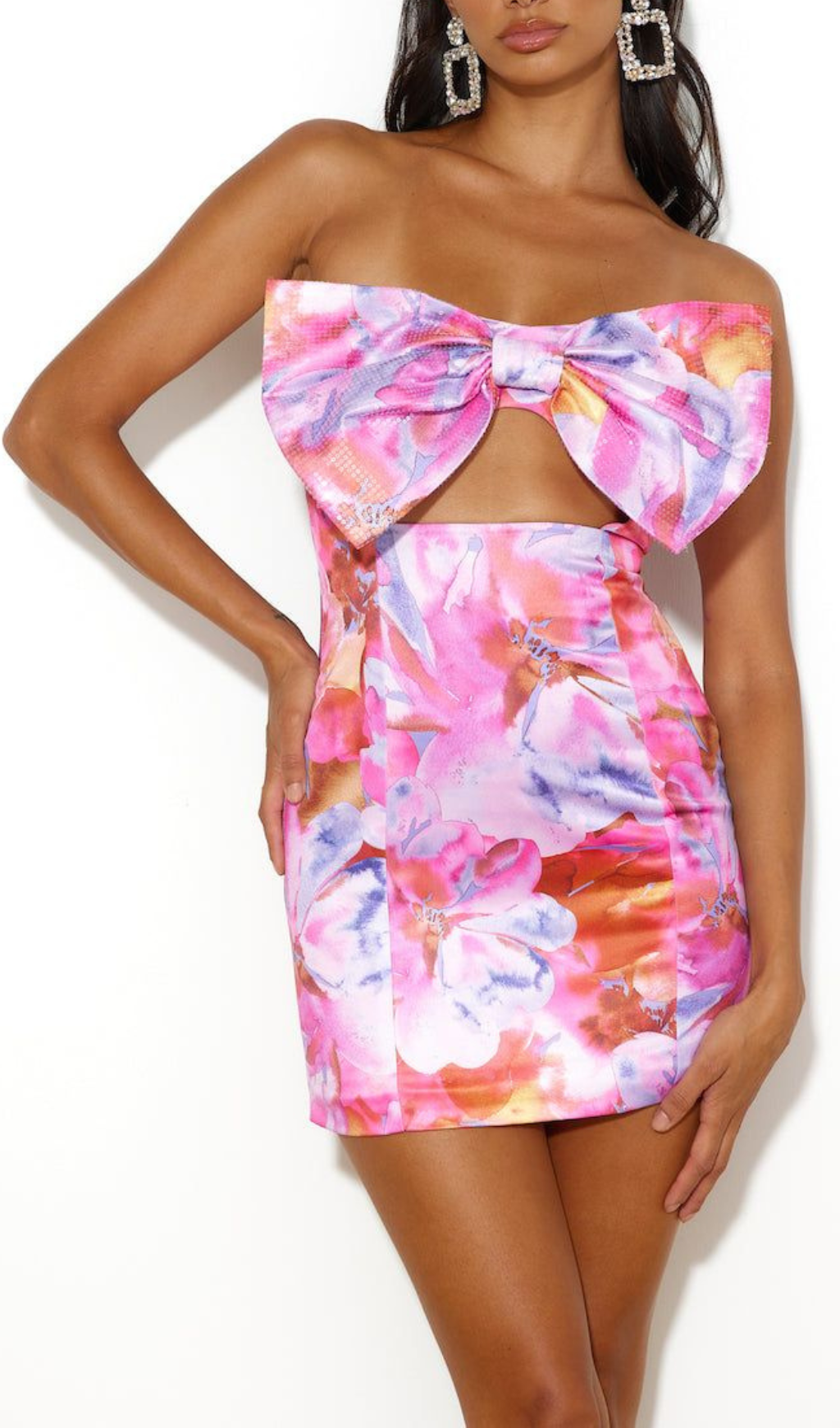 STRAPLESS PRINTED BOW MINI DRESS FOR PARTY