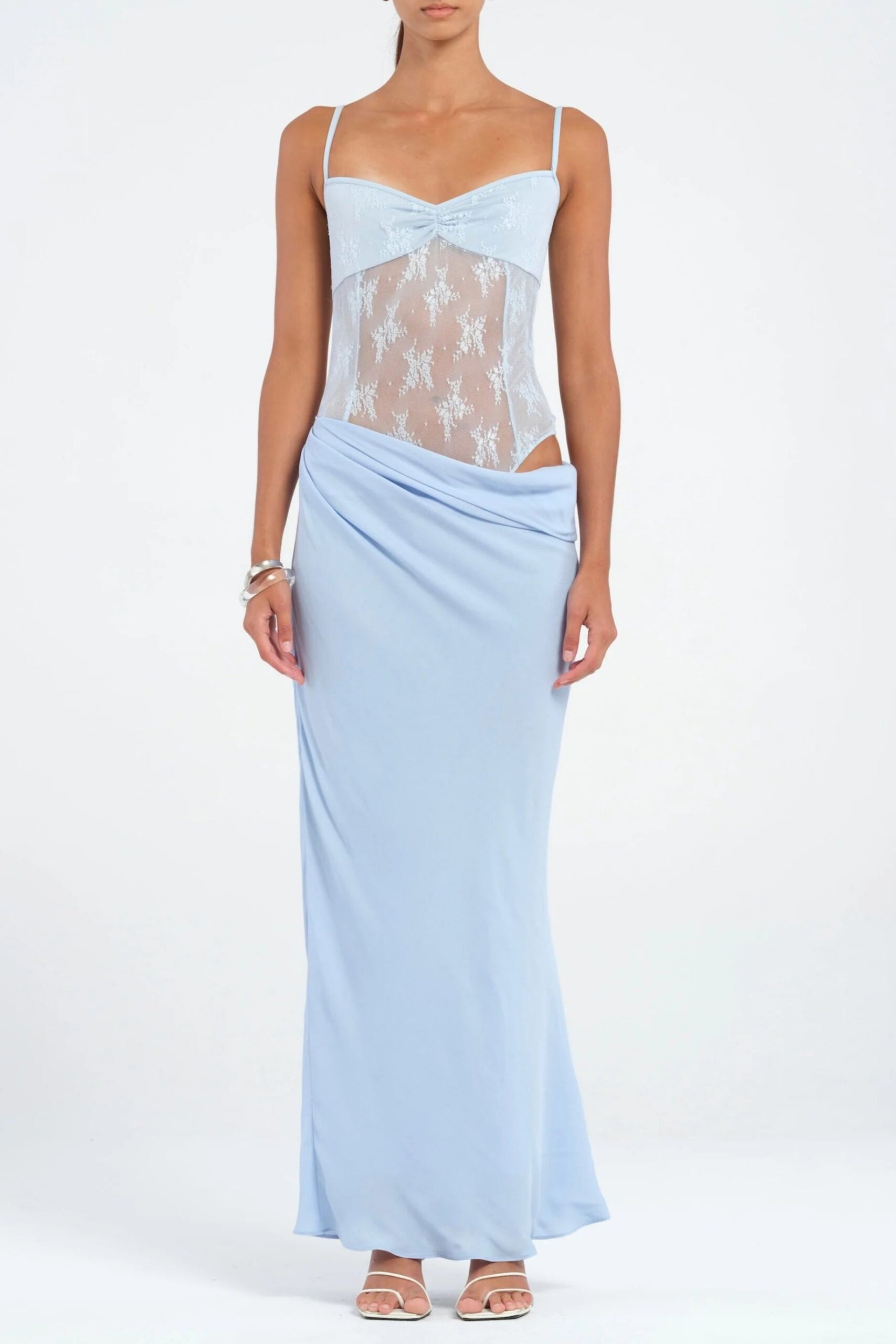 RUFFLED PLEATED SUSPENDER MAXI DRESS, BLUE