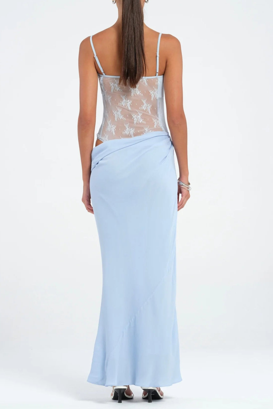 RUFFLED PLEATED SUSPENDER MAXI DRESS, BLUE