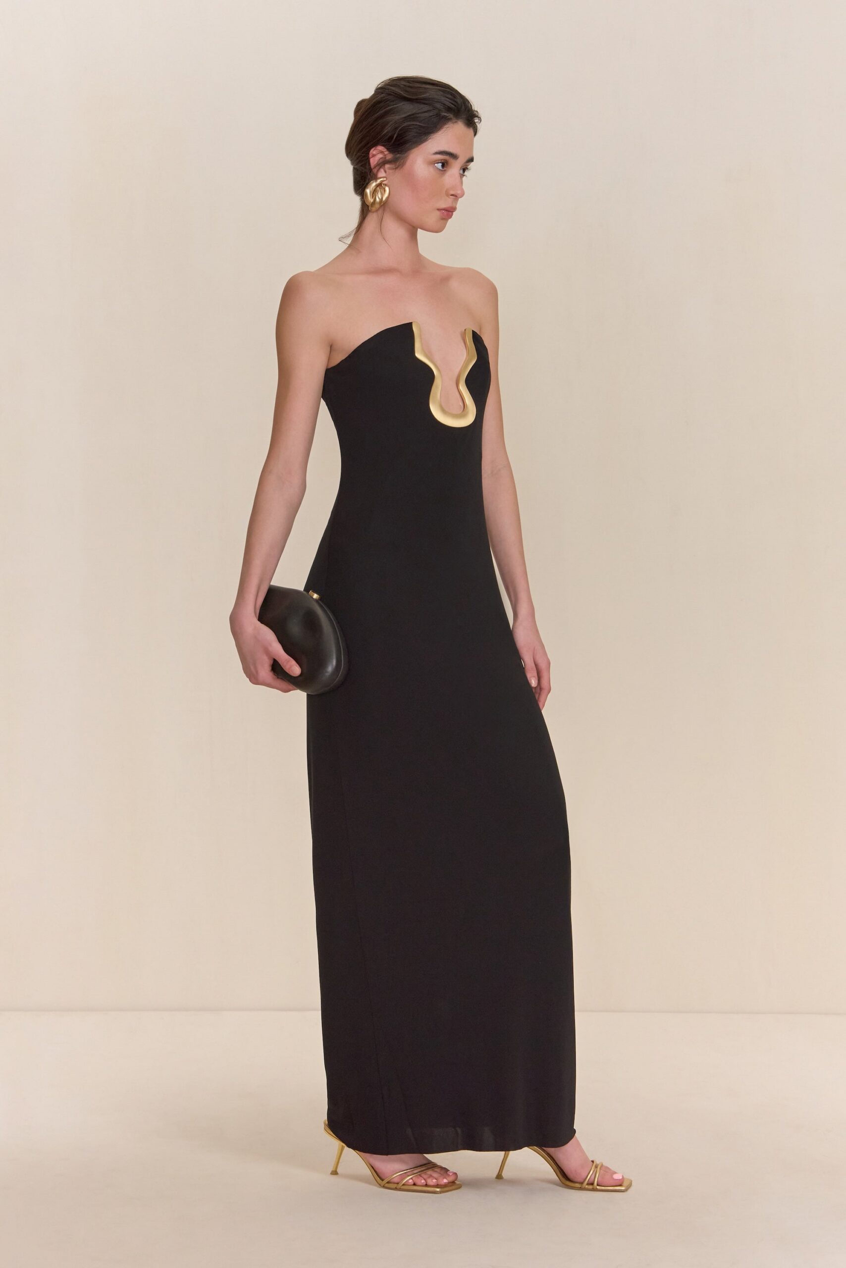 SIGNATURE GOLD HARDWARE CUTOUT STRAPLESS COLUMN GOWN