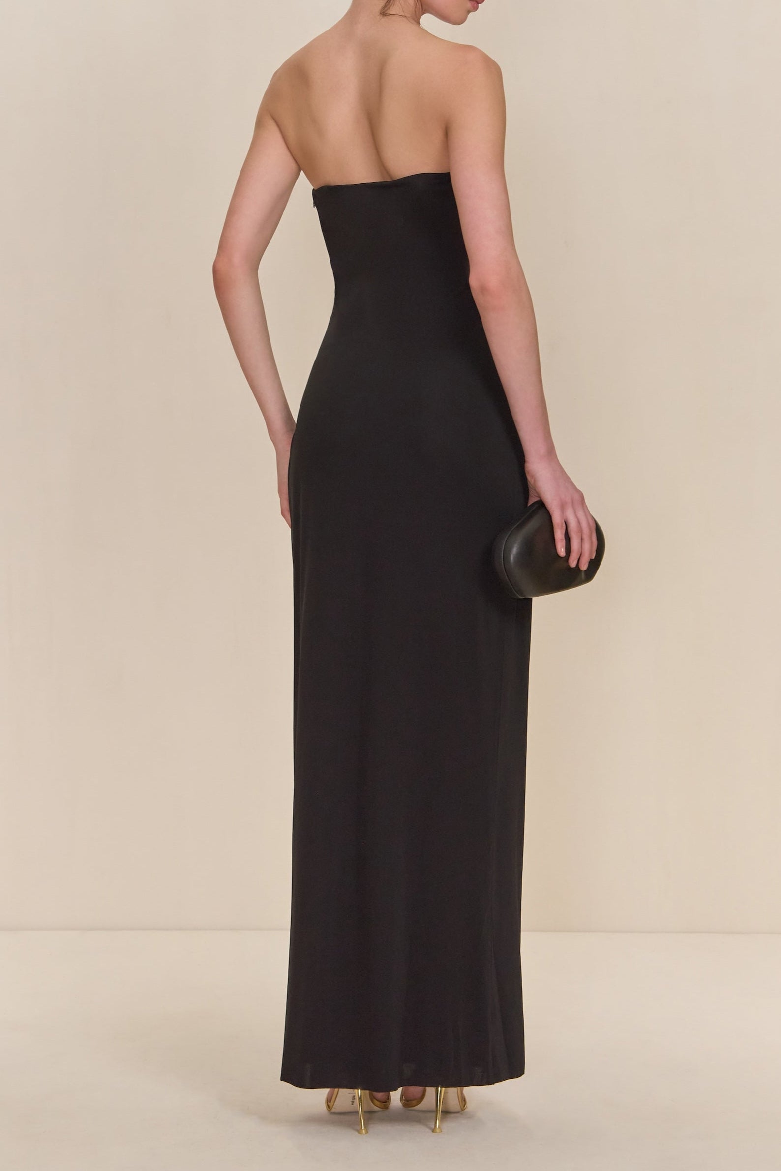 SIGNATURE GOLD HARDWARE CUTOUT STRAPLESS COLUMN GOWN
