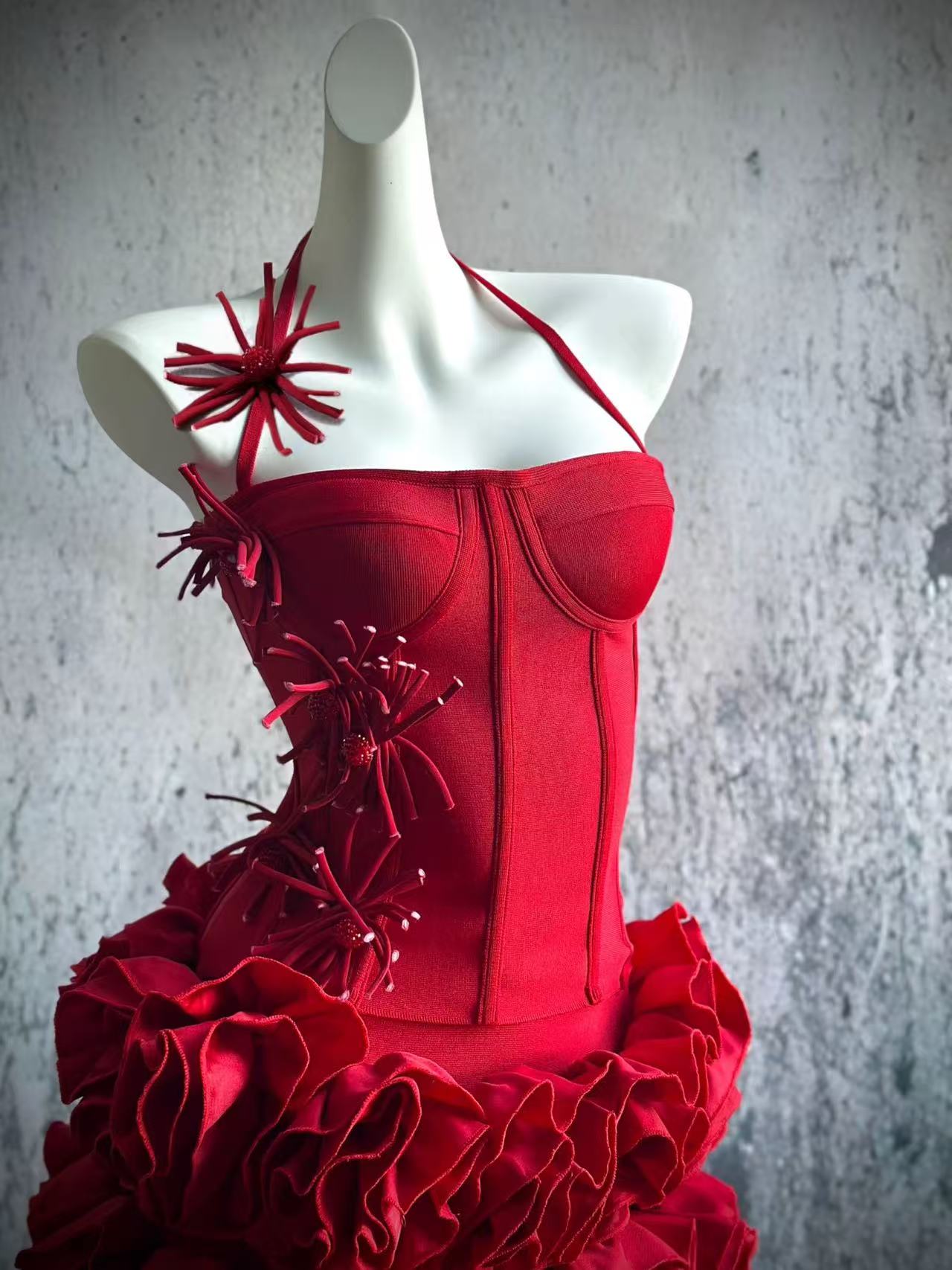 RED CORSET FLORAL MINI SKIRT SUIT FOR PARTY