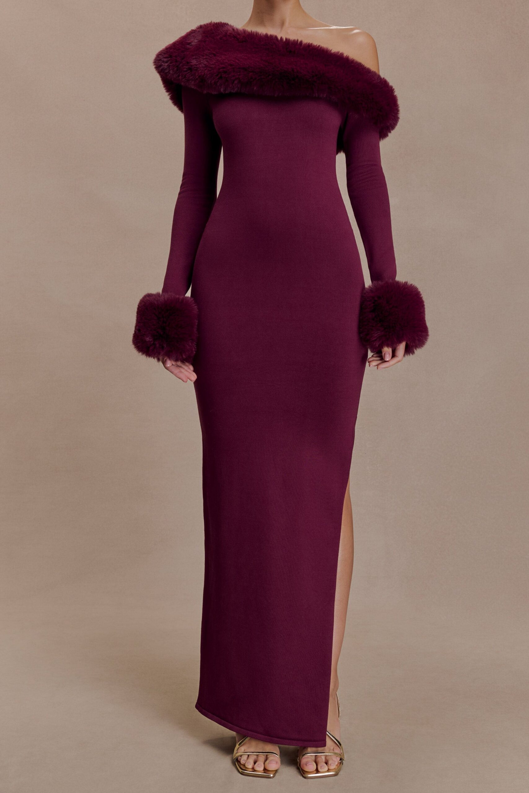FAUX FUR KNIT MAXI DRESS IN PLUM