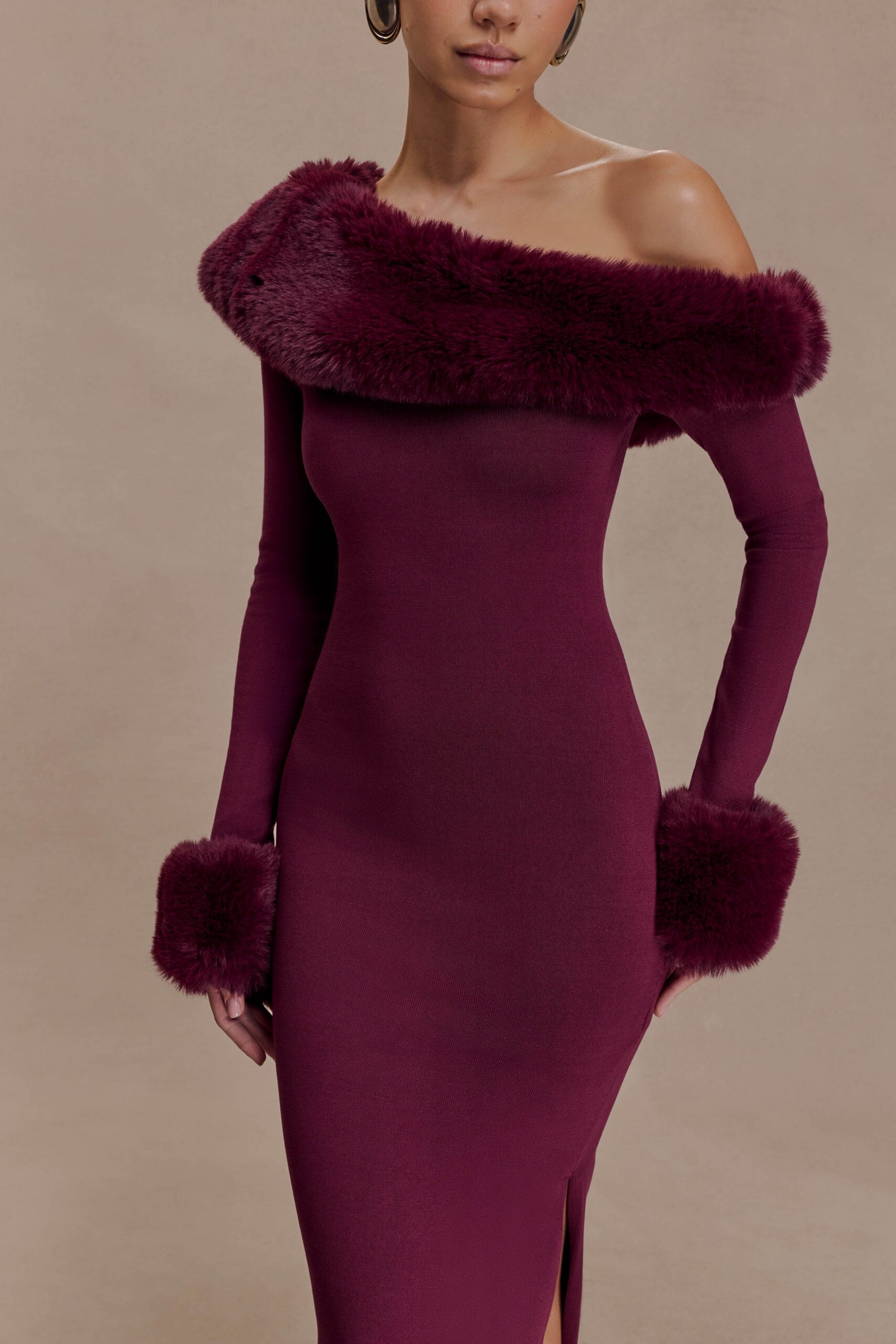 FAUX FUR KNIT MAXI DRESS IN PLUM