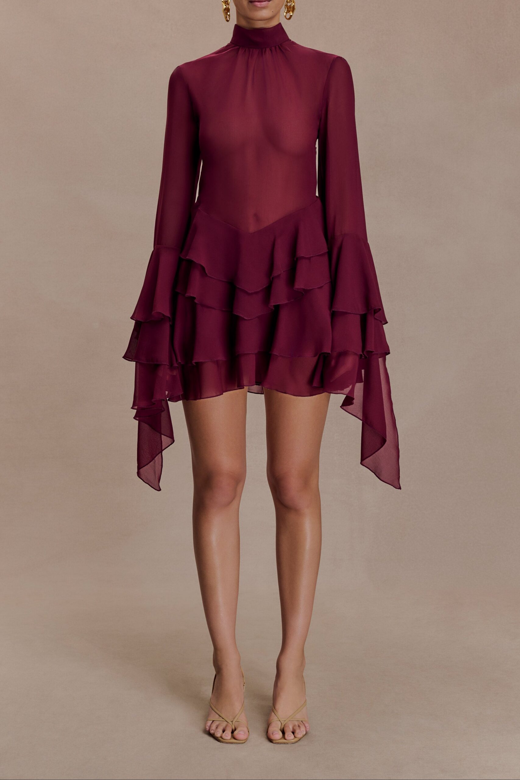 251022_MESHKI_Nile3_15_744 CHIFFON RUFFLE MINI DRESS - WINE COCKTAIL PARTY