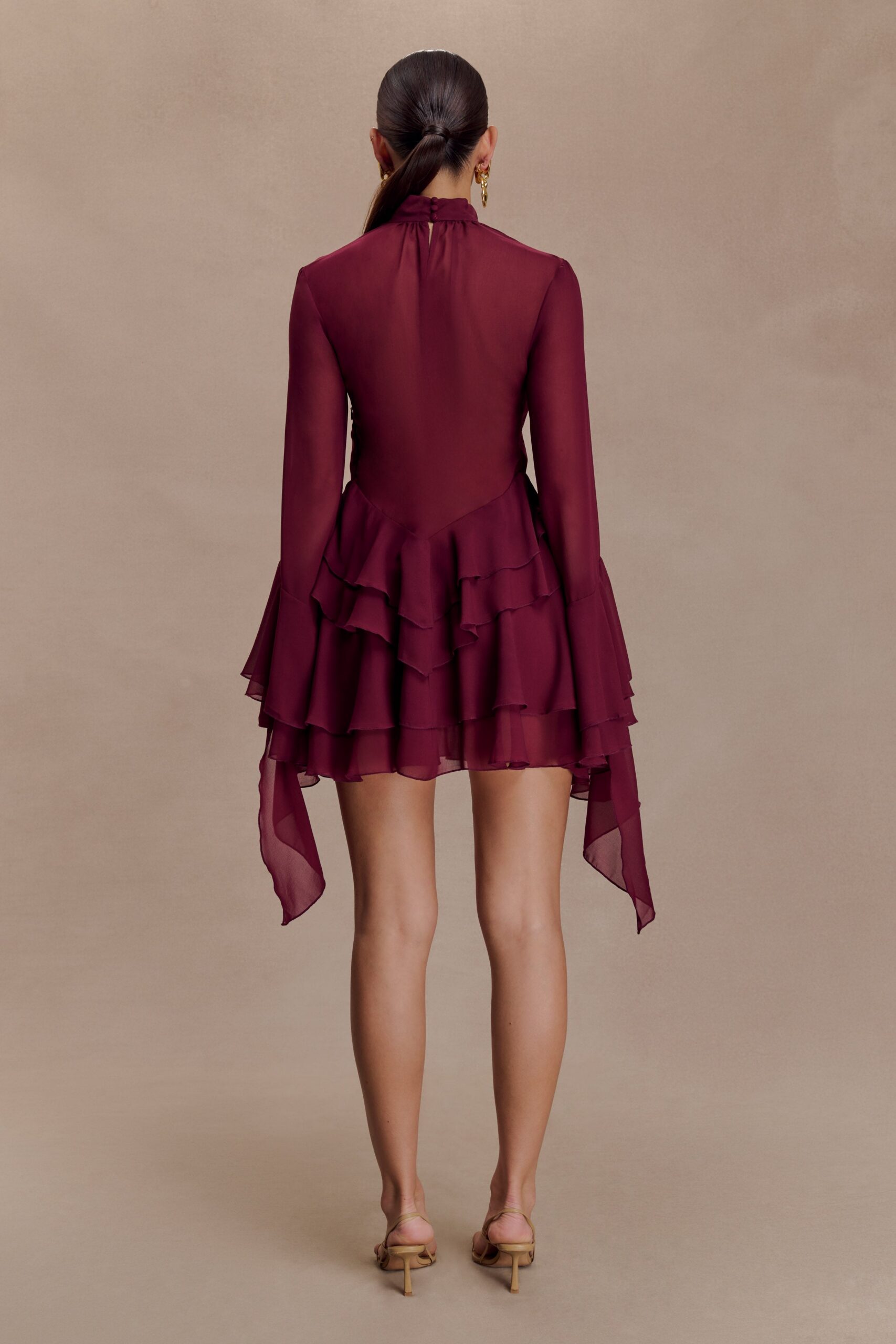 CHIFFON RUFFLE MINI DRESS - WINE COCKTAIL PARTY