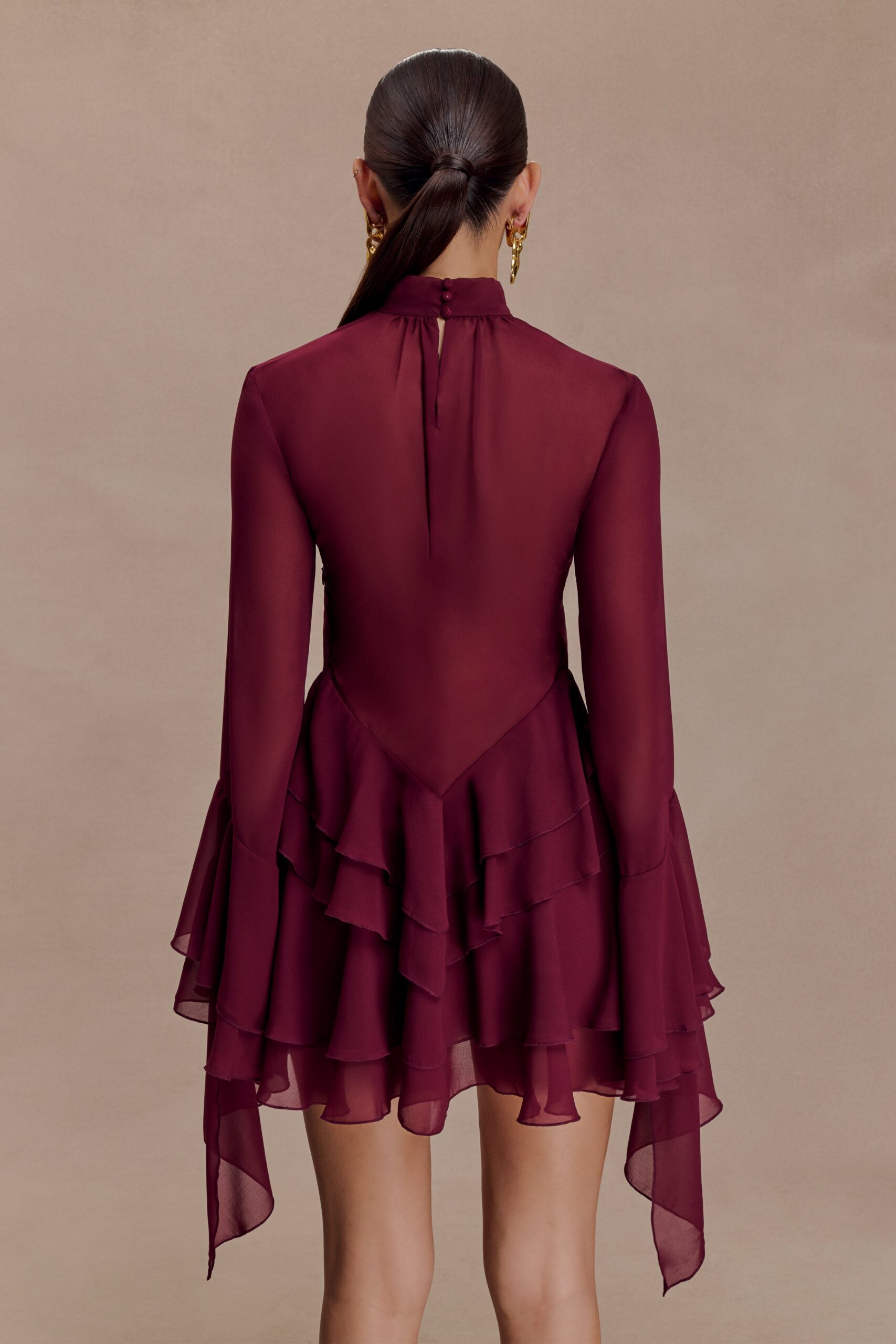 CHIFFON RUFFLE MINI DRESS - WINE COCKTAIL PARTY