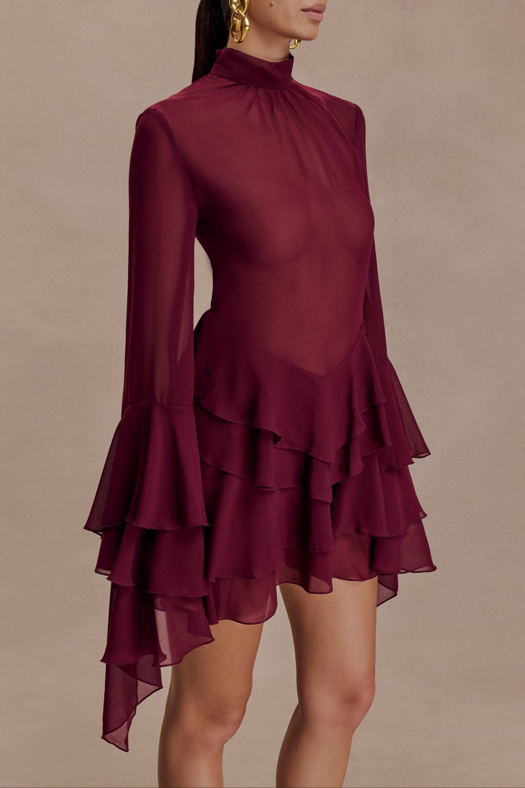 CHIFFON RUFFLE MINI DRESS - WINE COCKTAIL PARTY