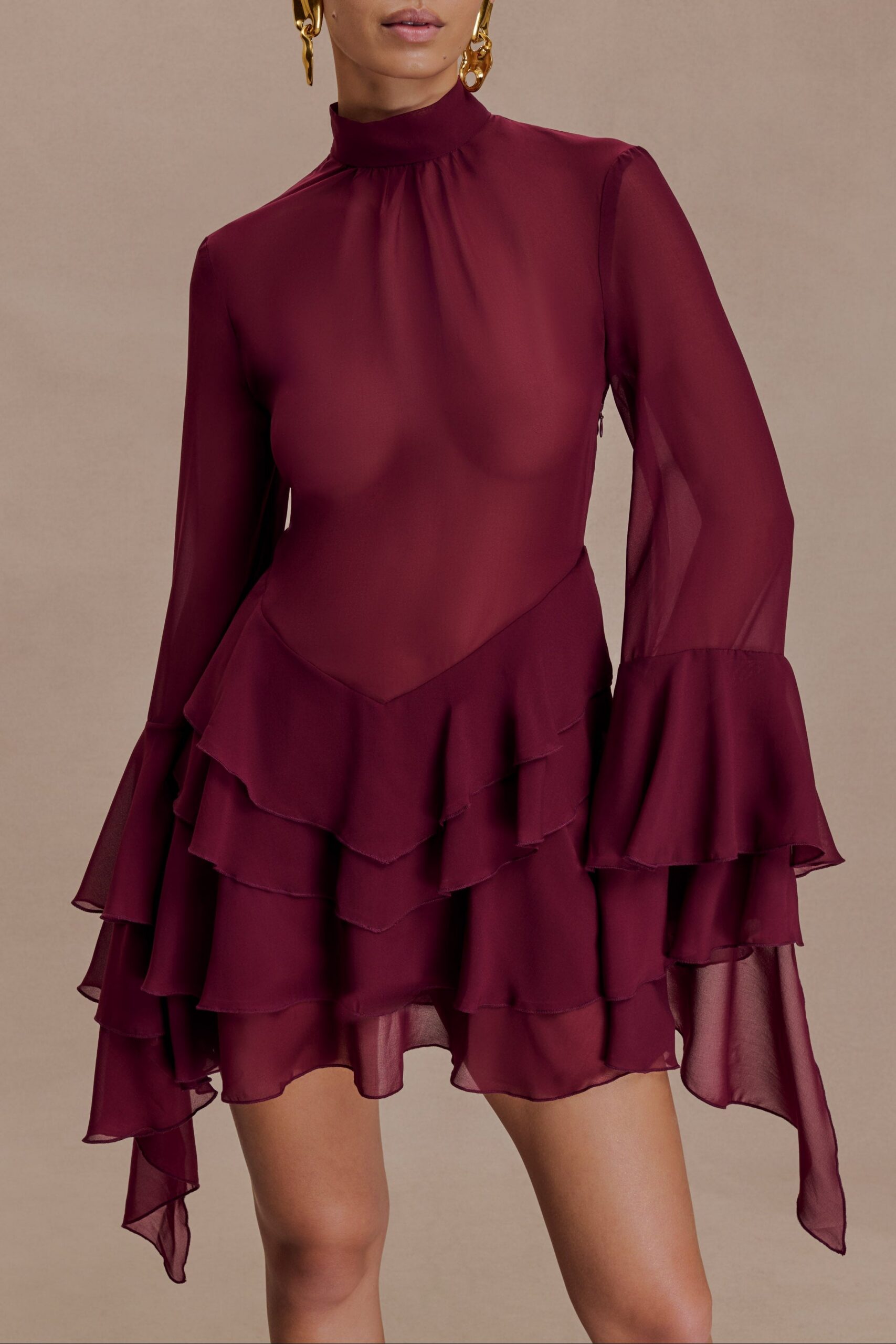 CHIFFON RUFFLE MINI DRESS - WINE COCKTAIL PARTY