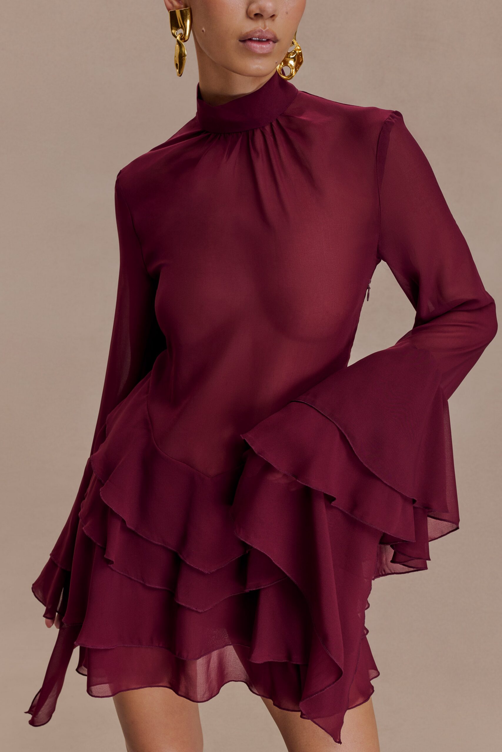 CHIFFON RUFFLE MINI DRESS - WINE COCKTAIL PARTY