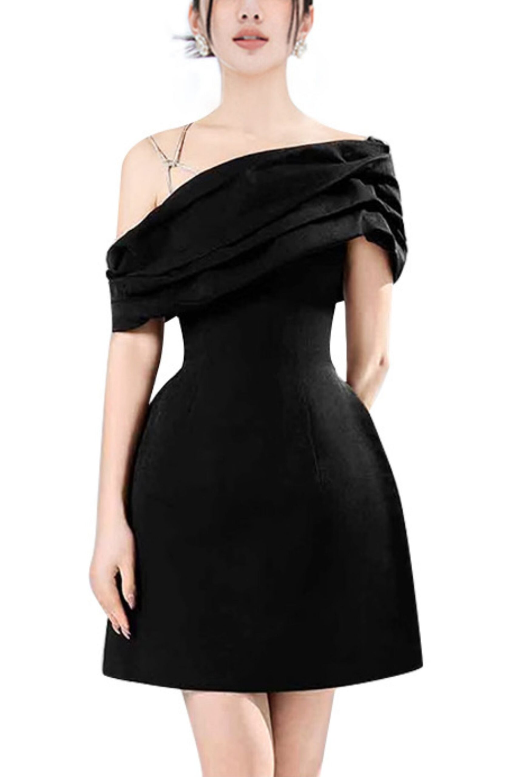 ASYMMETRIC NECK TAFFETA MINI DRESS BLACK