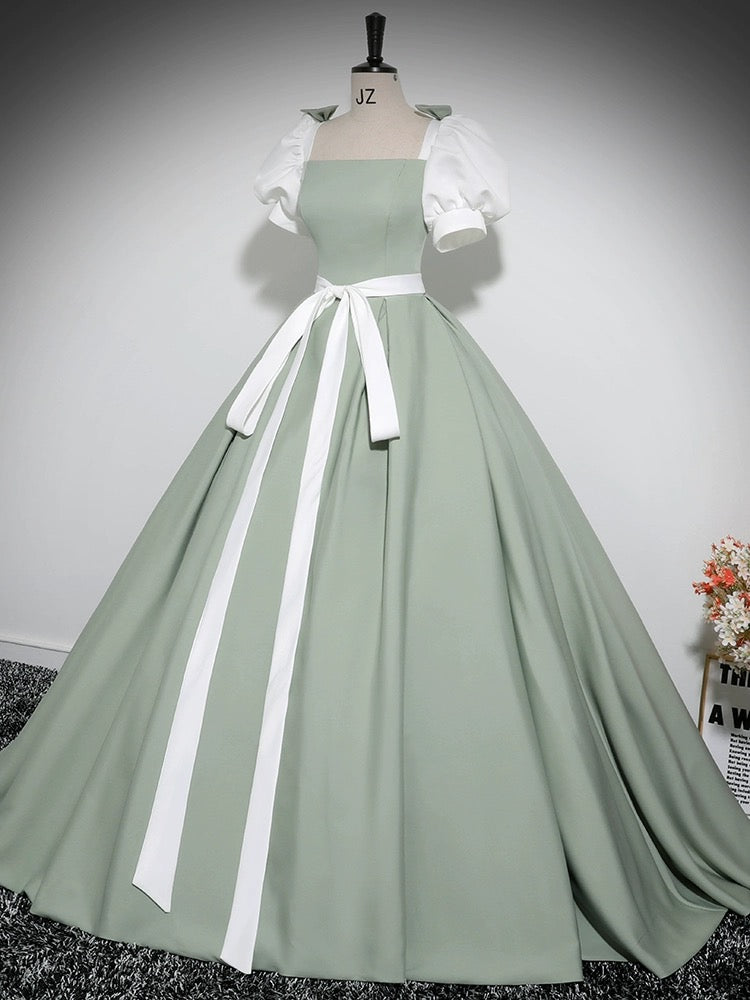 A-LINE PUFF SLEEVE SATIN GREEN PARTY DRESS