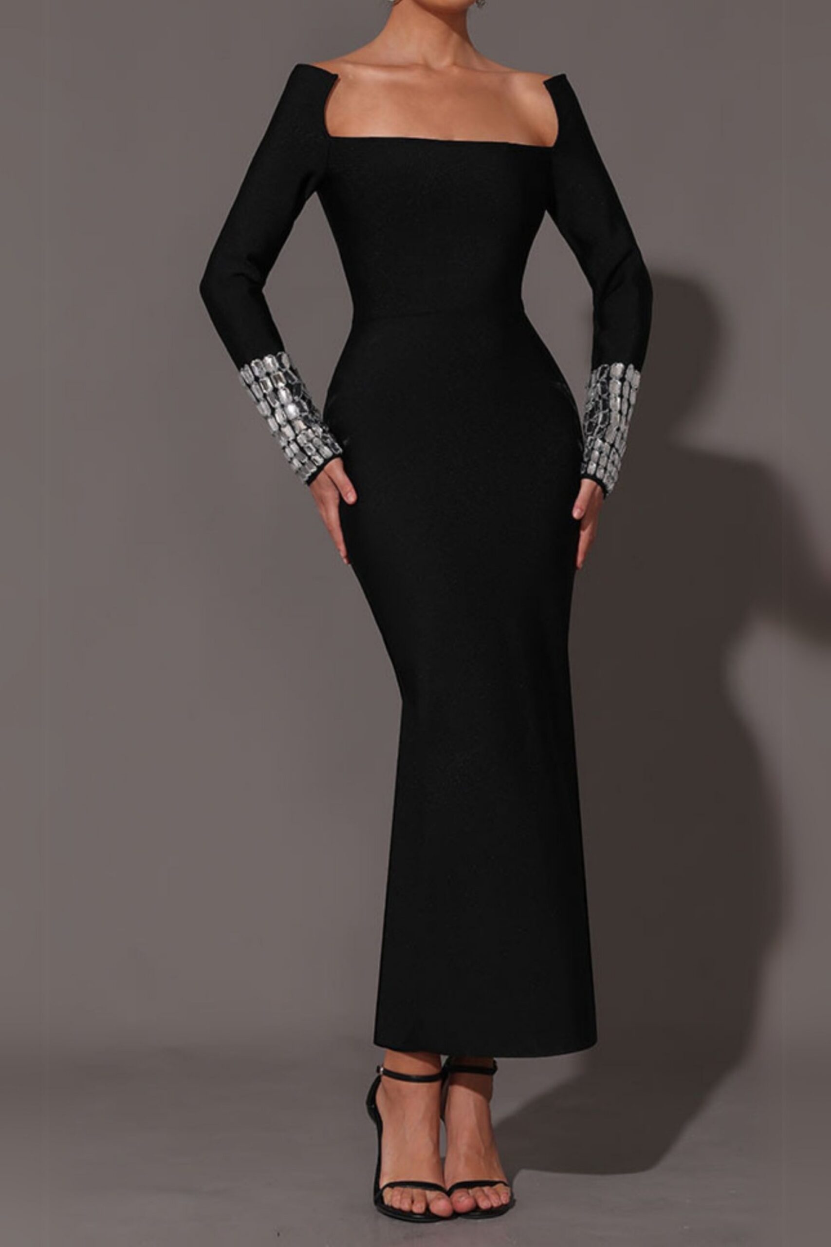 SQUARE NECK BANDAGE MAXI DRESS, BLACK, COCKTAIL
