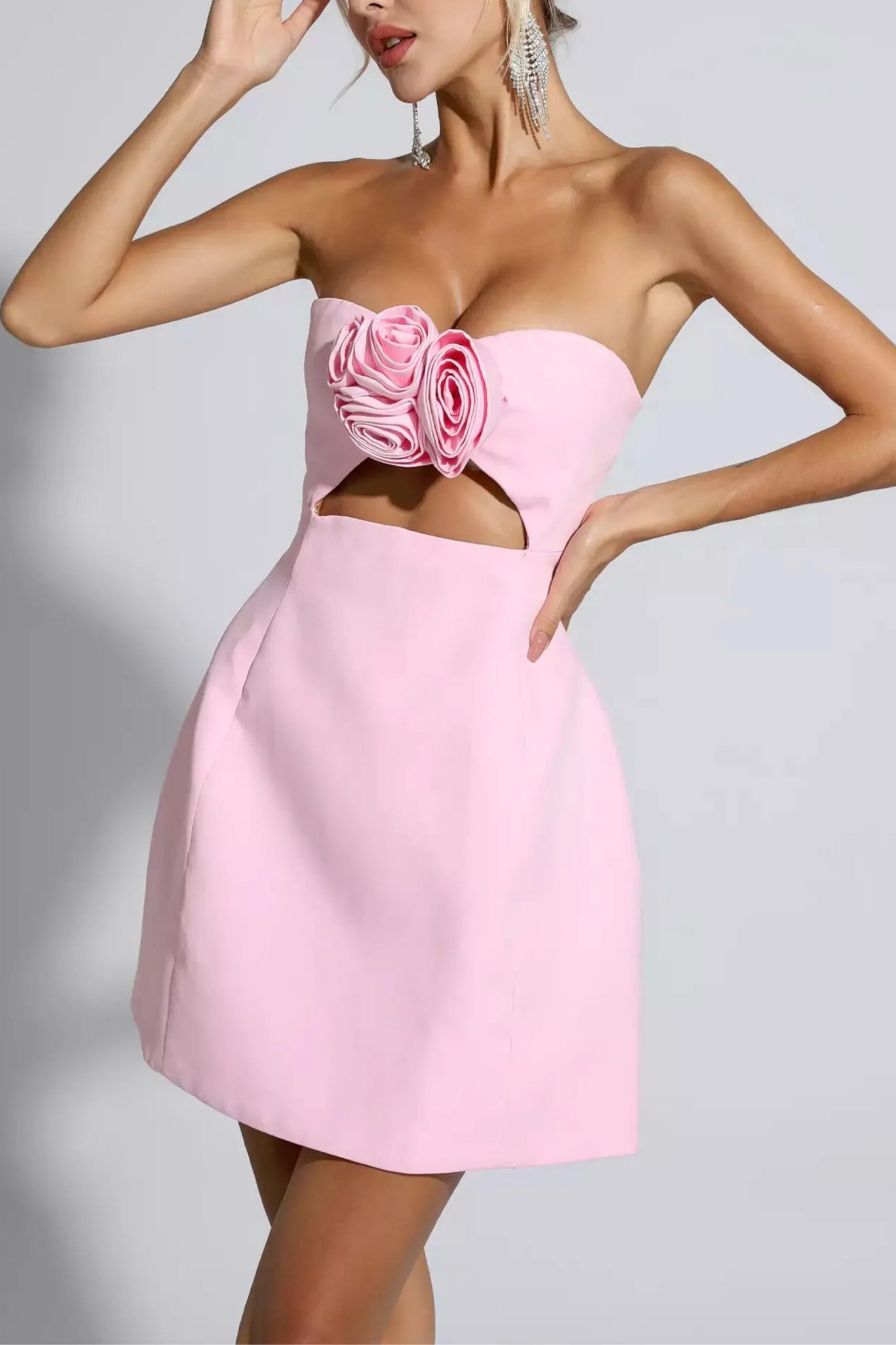 STRAPLESS PINK CUTOUT MINI DRESS FOR PARTY