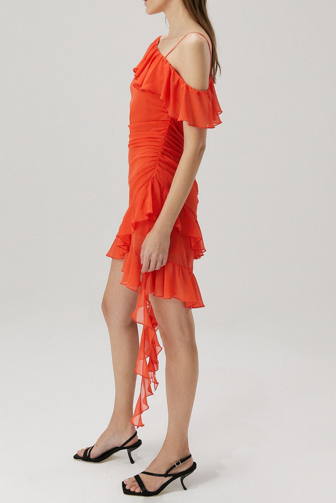 ORANGE GEORGETTE RUFFLE MINI DRESS FOR PARTIES