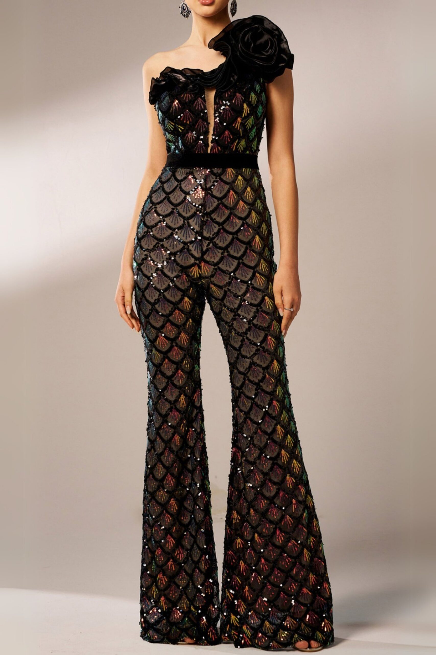 MERMAID SCALE SEQUIN ONE-SHOULDER JUMPSUIT
