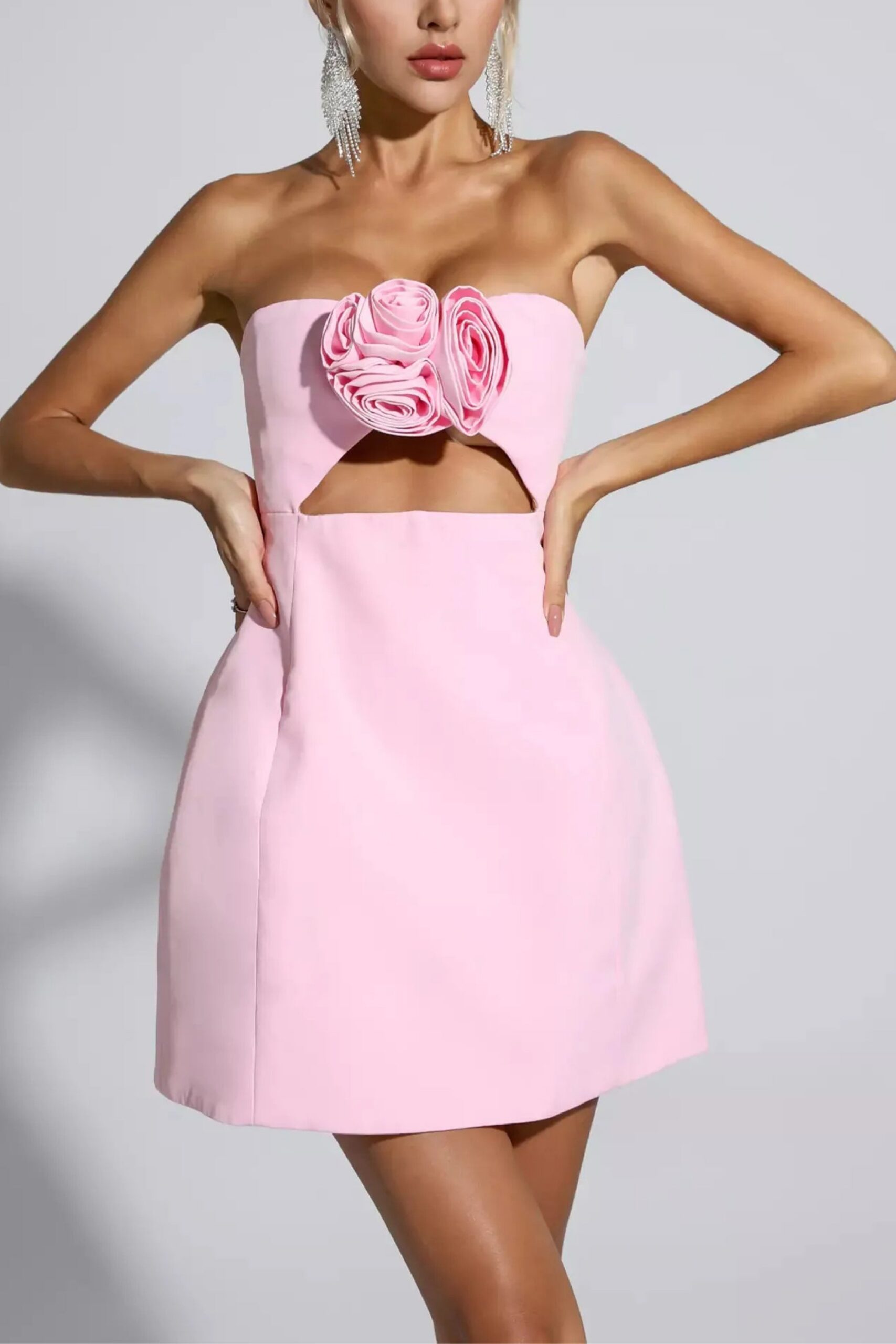 STRAPLESS PINK CUTOUT MINI DRESS FOR PARTY