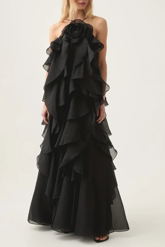 HALTERNECK FLOUNCED MAXI DRESS BLACK