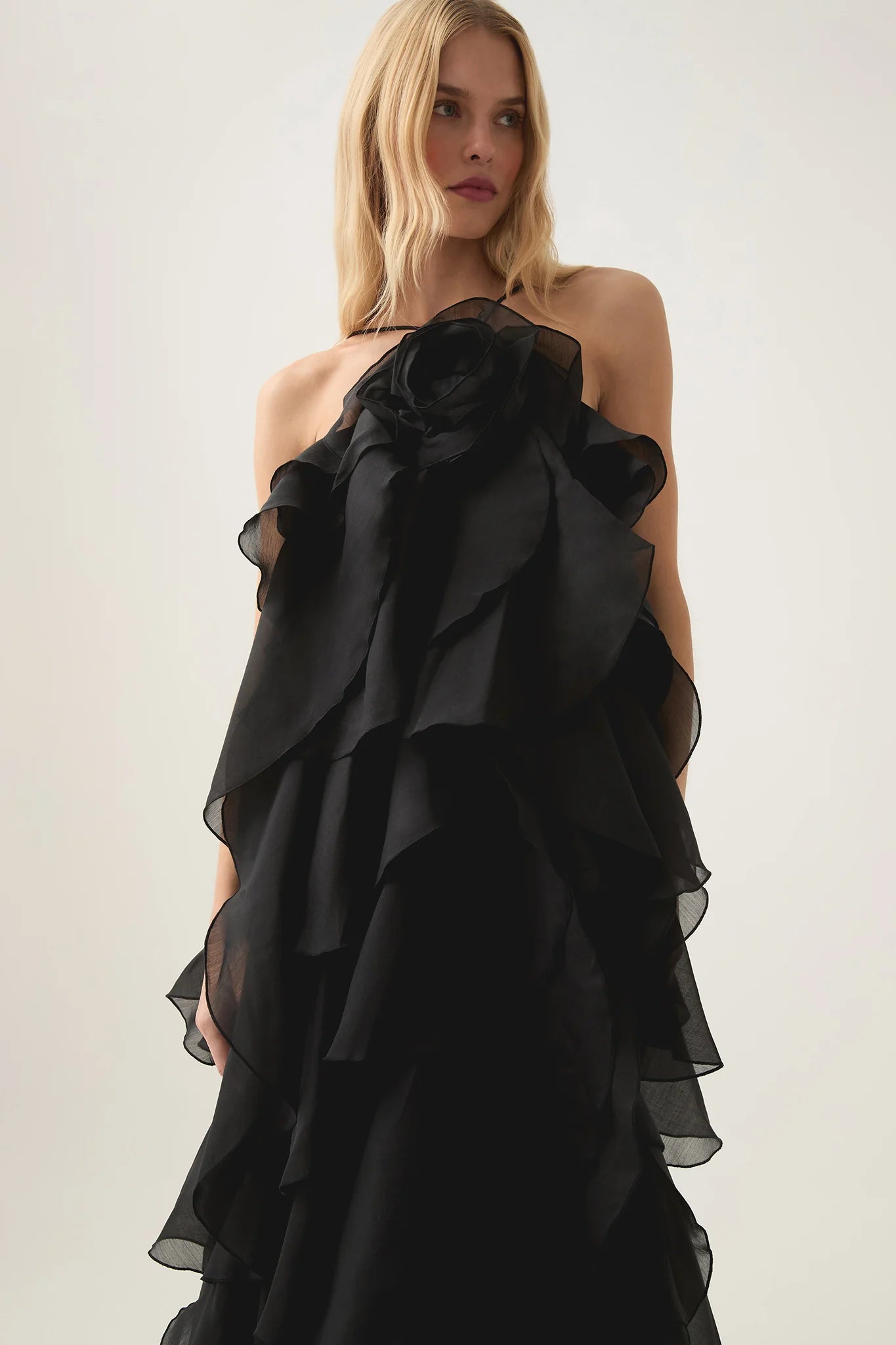 OFF-SHOULDER RUFFLE MAXI DRESS, BLACK