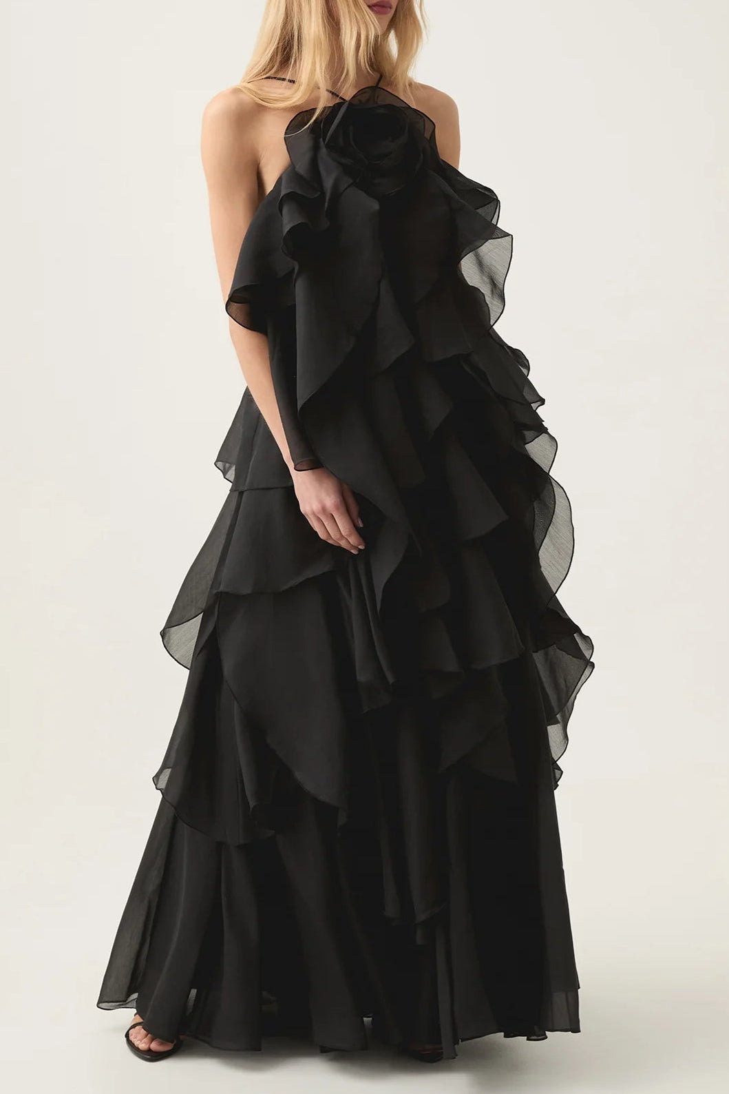 OFF-SHOULDER RUFFLE MAXI DRESS, BLACK