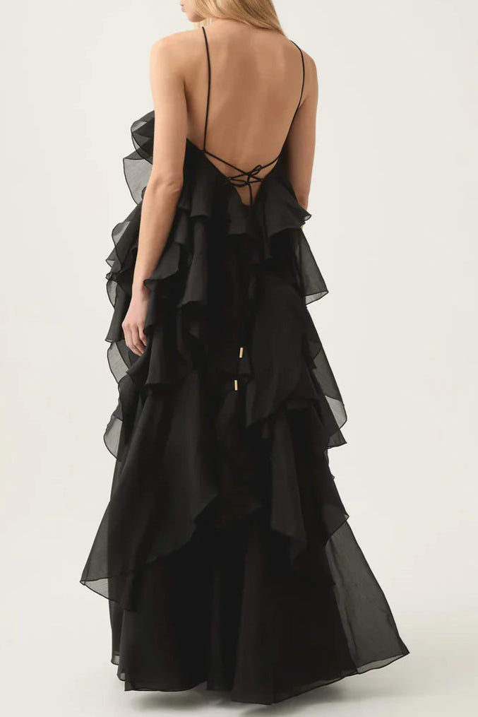 HALTERNECK FLOUNCED MAXI DRESS BLACK