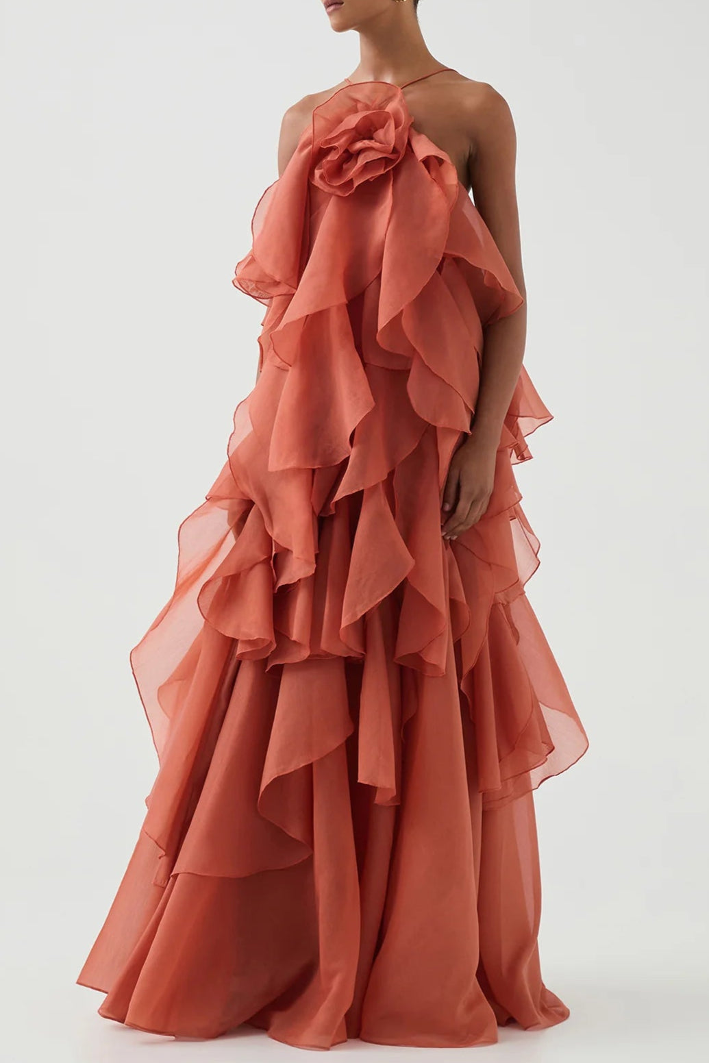 OFF-SHOULDER RUFFLE MAXI DRESS IN CORAL CLAY
