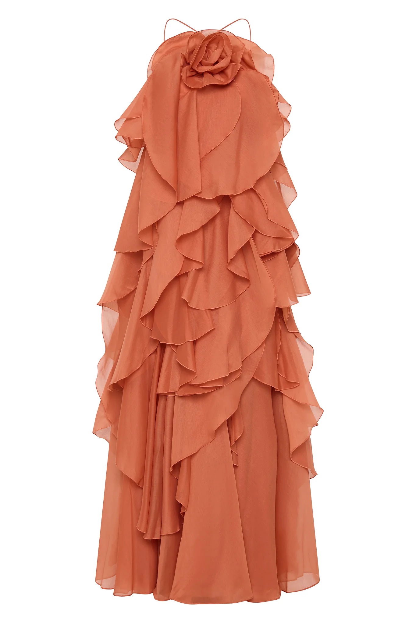 OFF-SHOULDER RUFFLE MAXI DRESS IN CORAL CLAY