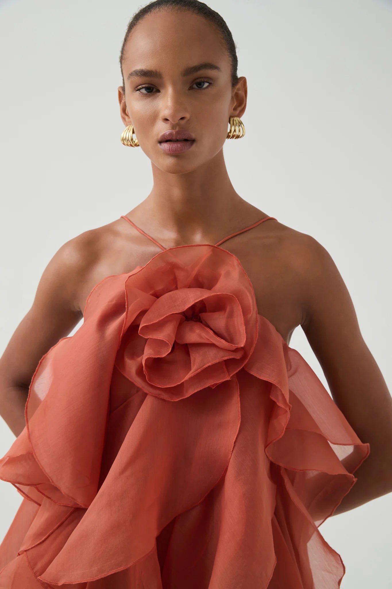 OFF-SHOULDER RUFFLE MAXI DRESS IN CORAL CLAY