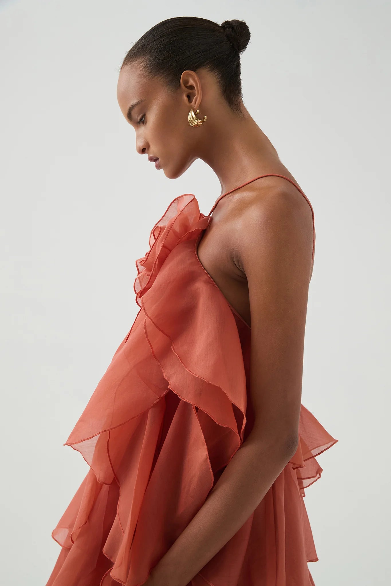 OFF-SHOULDER RUFFLE MAXI DRESS IN CORAL CLAY