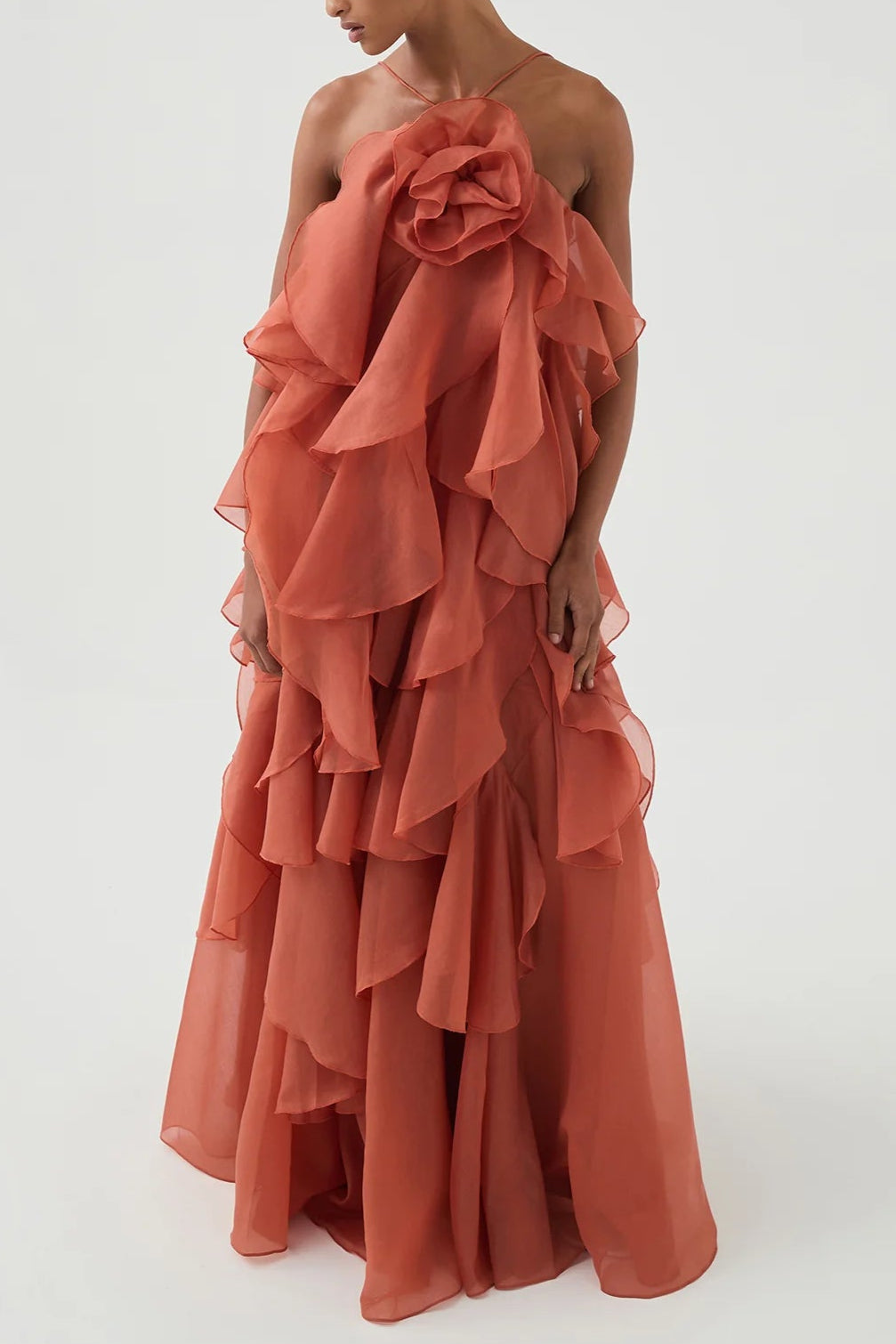 OFF-SHOULDER RUFFLE MAXI DRESS IN CORAL CLAY