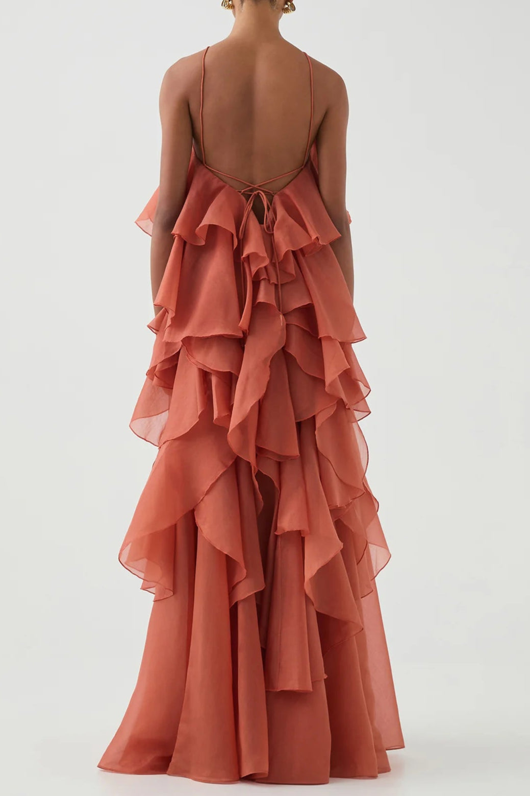 OFF-SHOULDER RUFFLE MAXI DRESS IN CORAL CLAY