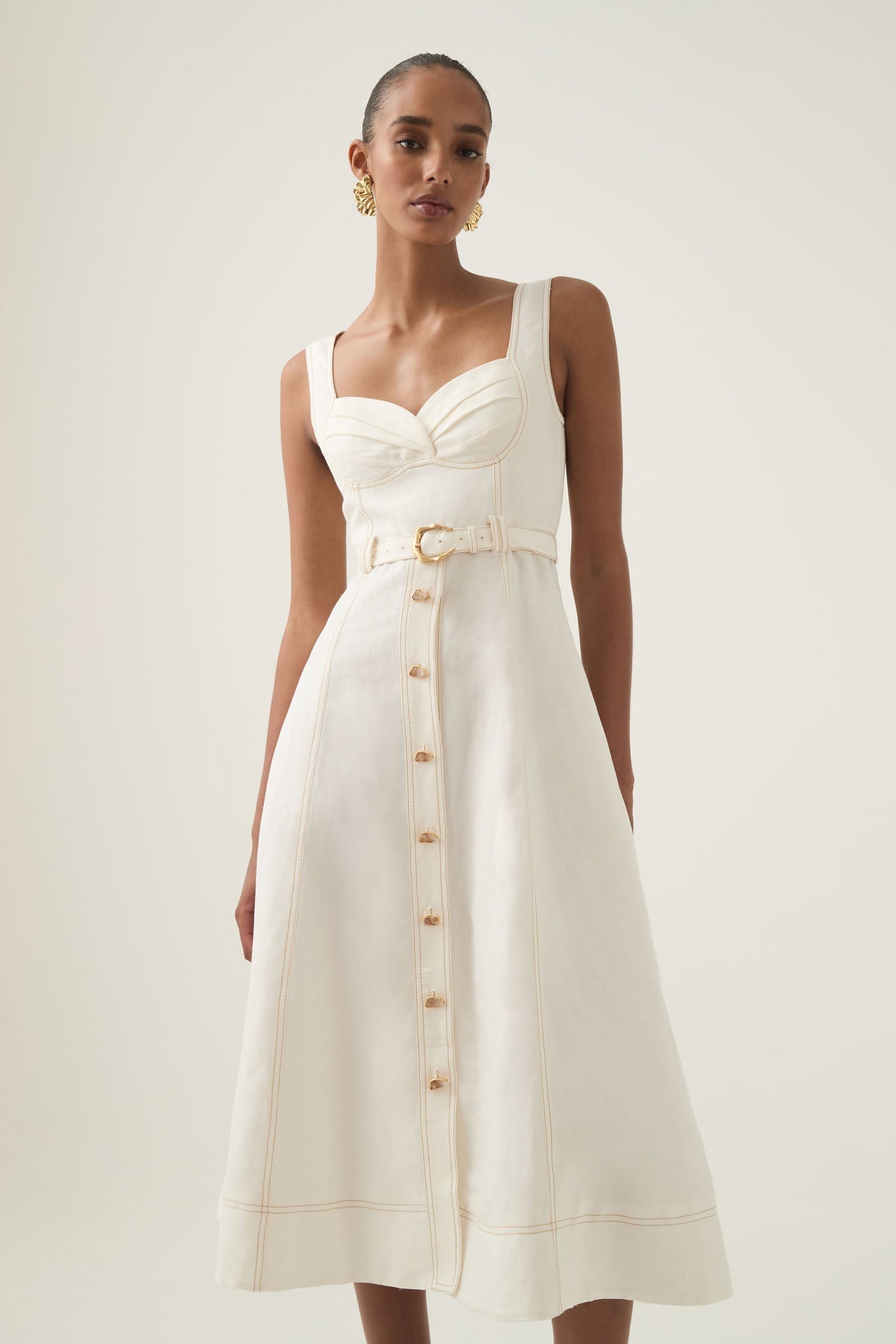 SWEETHEART BELTED MIDI DRESS IVORY WEDDING GUEST
