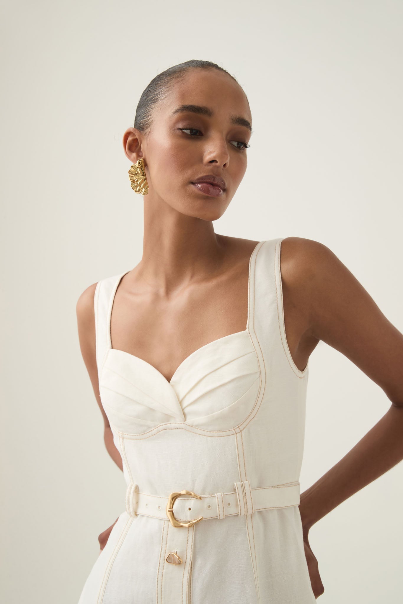 SWEETHEART BELTED MIDI DRESS IVORY WEDDING GUEST