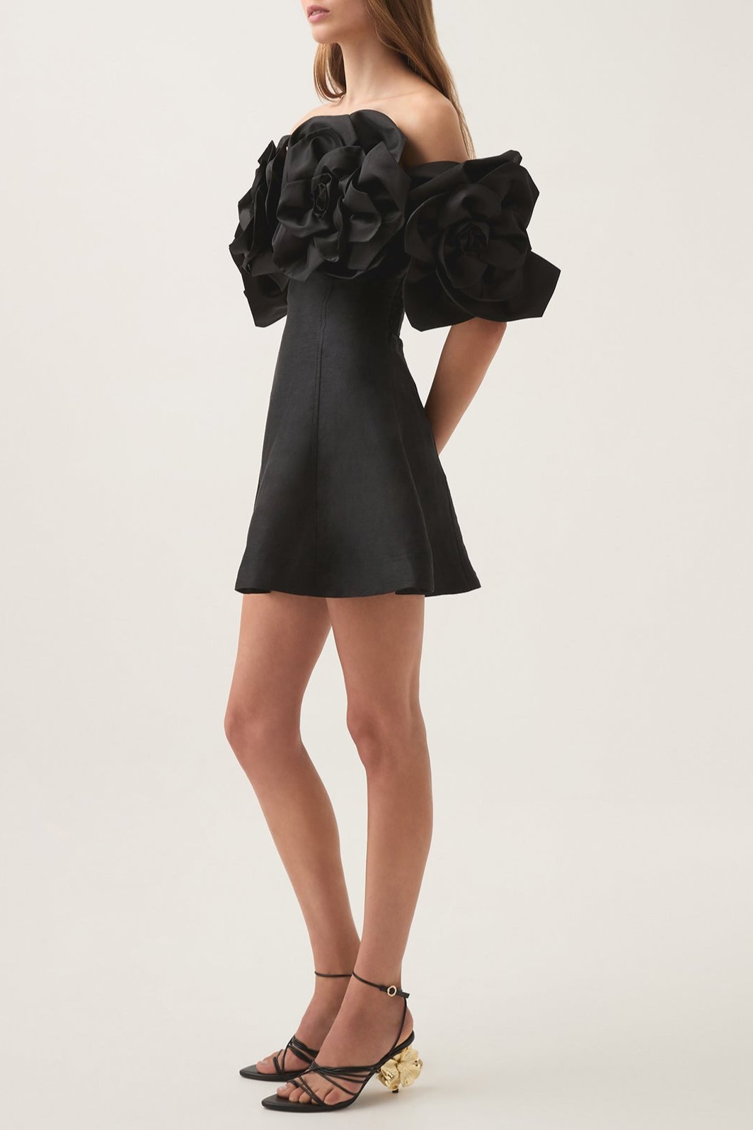 ETTA STRAPLESS FLOWER MINI DRESS, BLACK