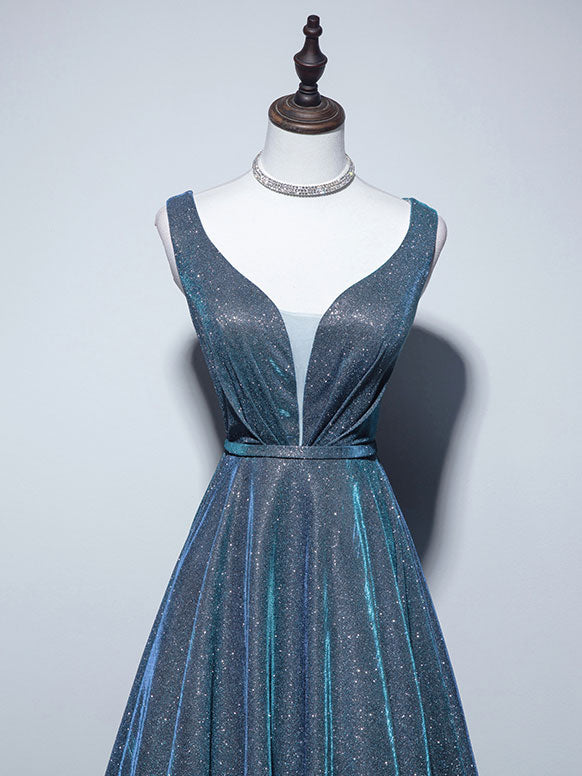 A-LINE V-NECK SATIN BLUE COCKTAIL DRESS