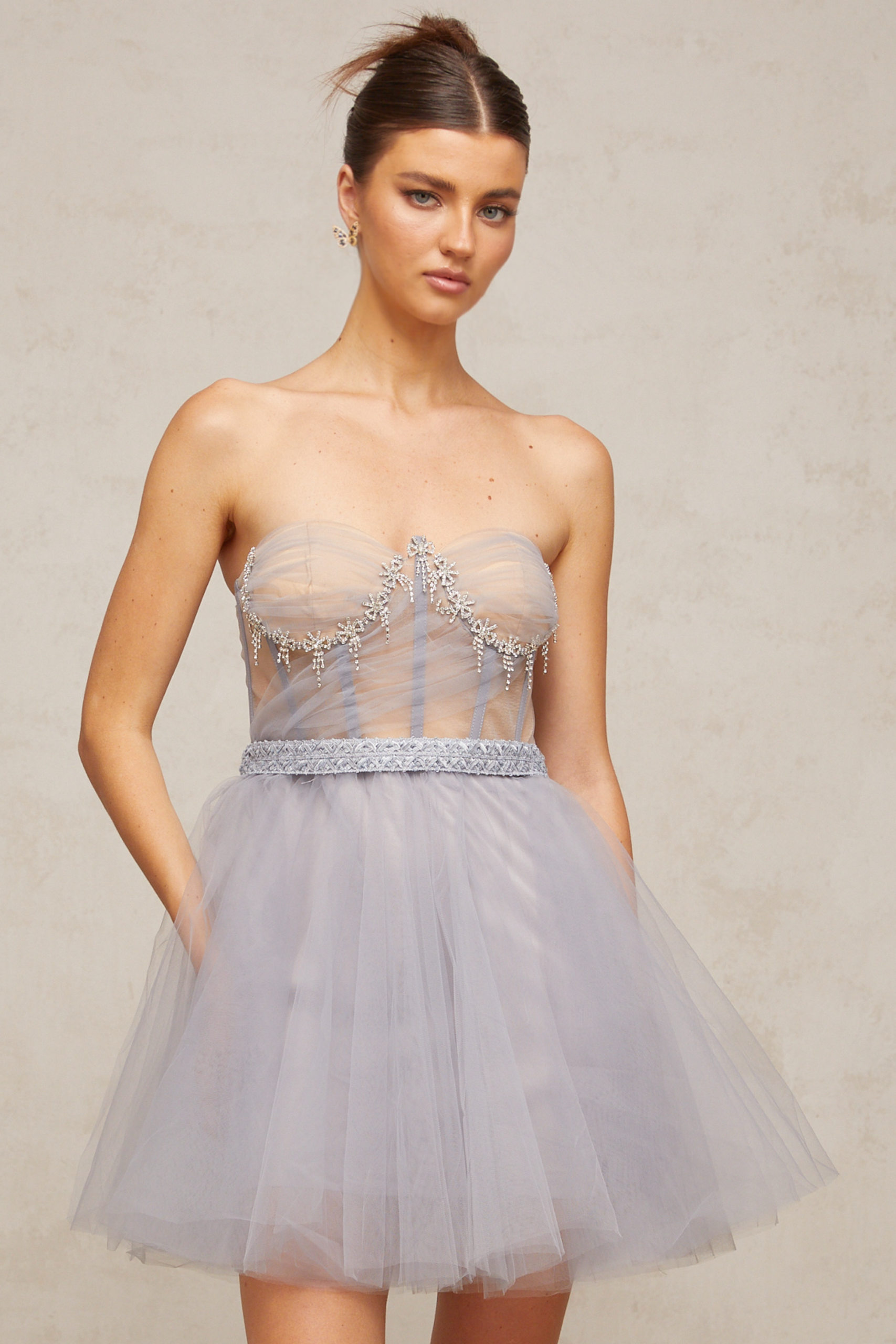 MADELINE GREY PUFF TULLE MINI DRESS FOR WEDDING